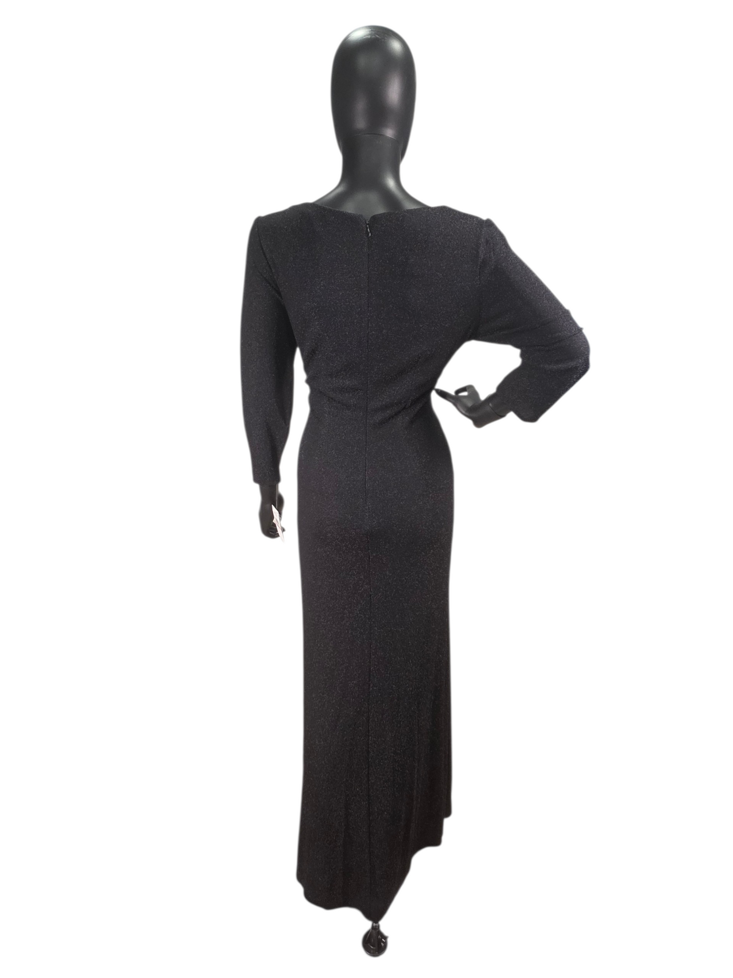 Black Shimmer Taffeta Side Ruched With Gold Accented Applica Boat Neck Formal/Moms Dress - Alex Evenings