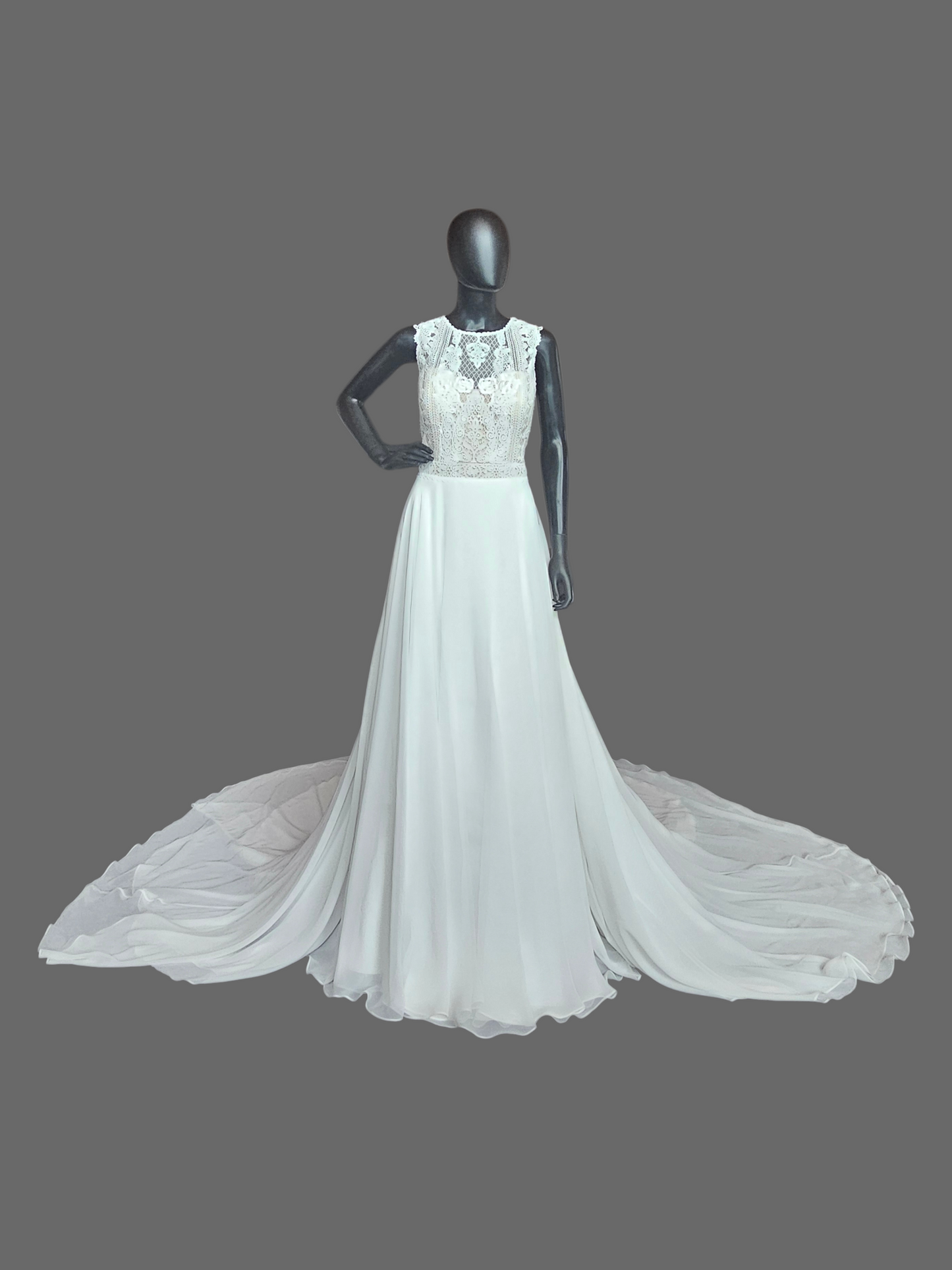 Ivory/Nude High Neck Lace Chiffon Skirt Wedding Gown - Justin Alexander