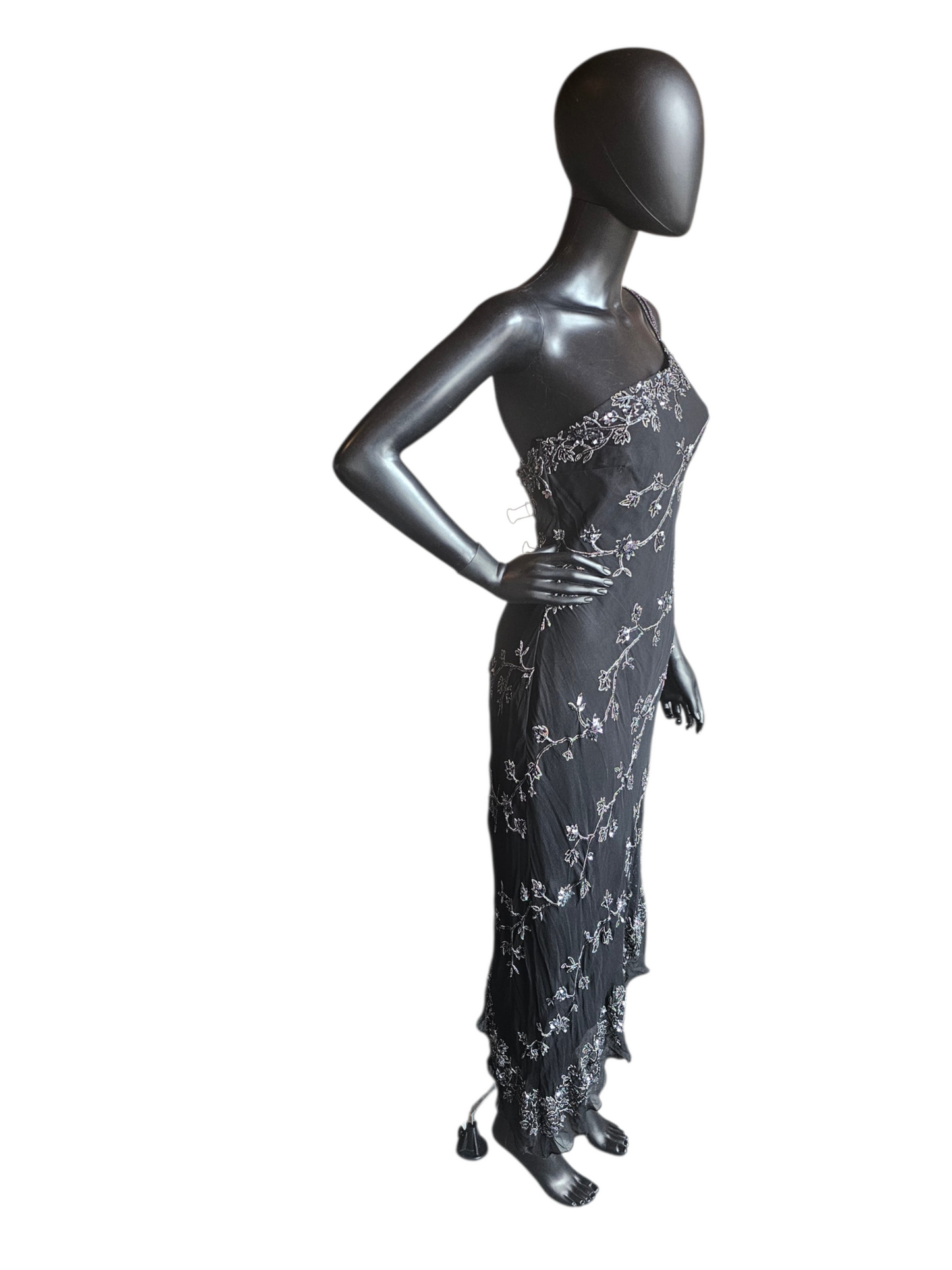 100% Silk Vintage Black Beaded Asymmetrical HighLow Dress - Scala