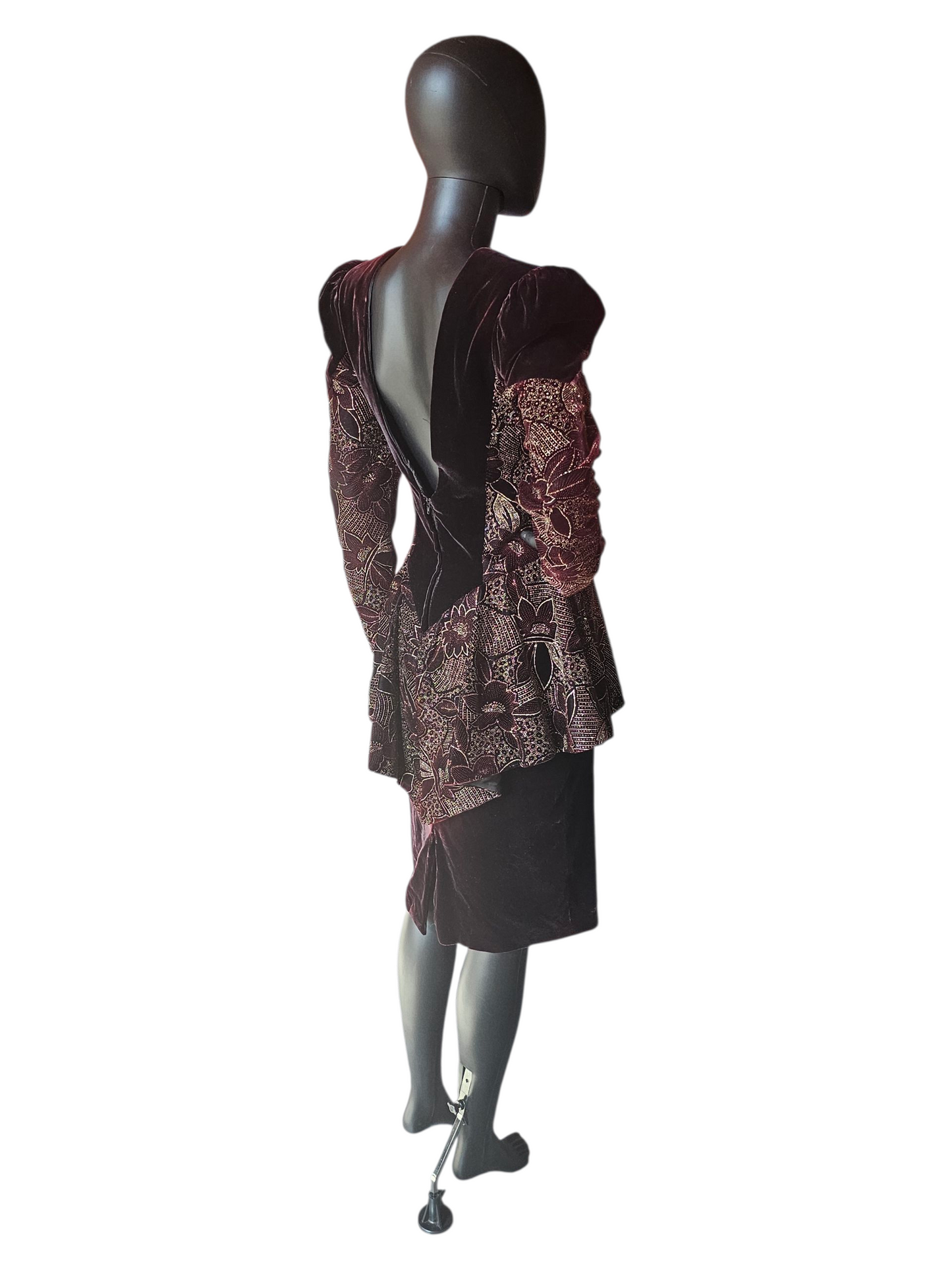 Vintage Dark Burgandy Velvet Peplum Party Dress - Jessica McClintock