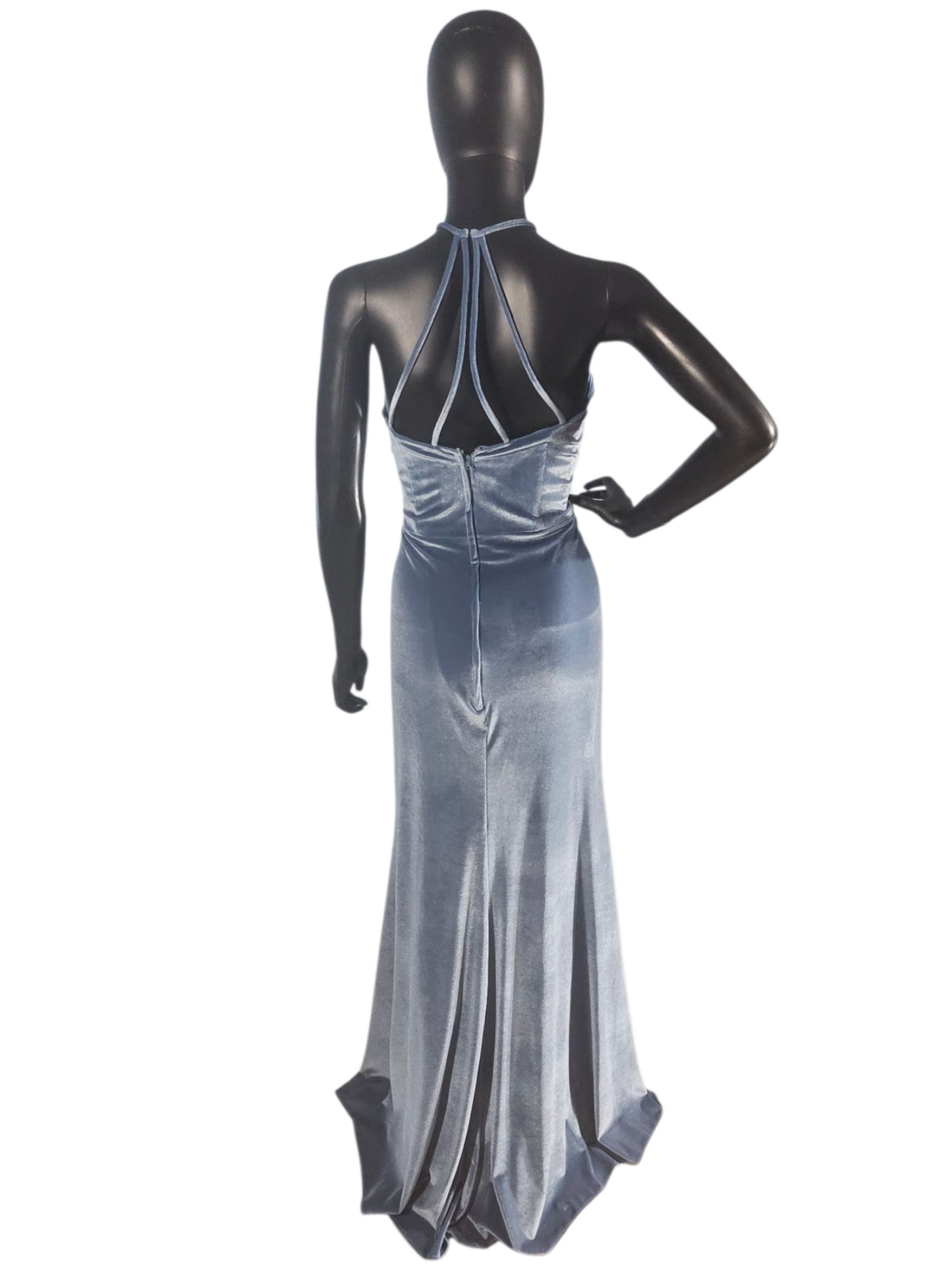 Slate Stretch Velvet Multi-Strap Maxi Formal Dress - Mori Lee