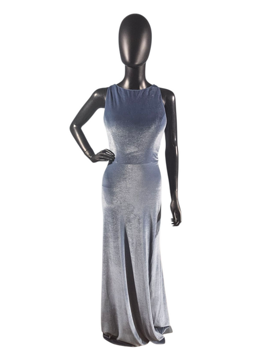 Slate Stretch Velvet Multi-Strap Maxi Formal Dress - Mori Lee