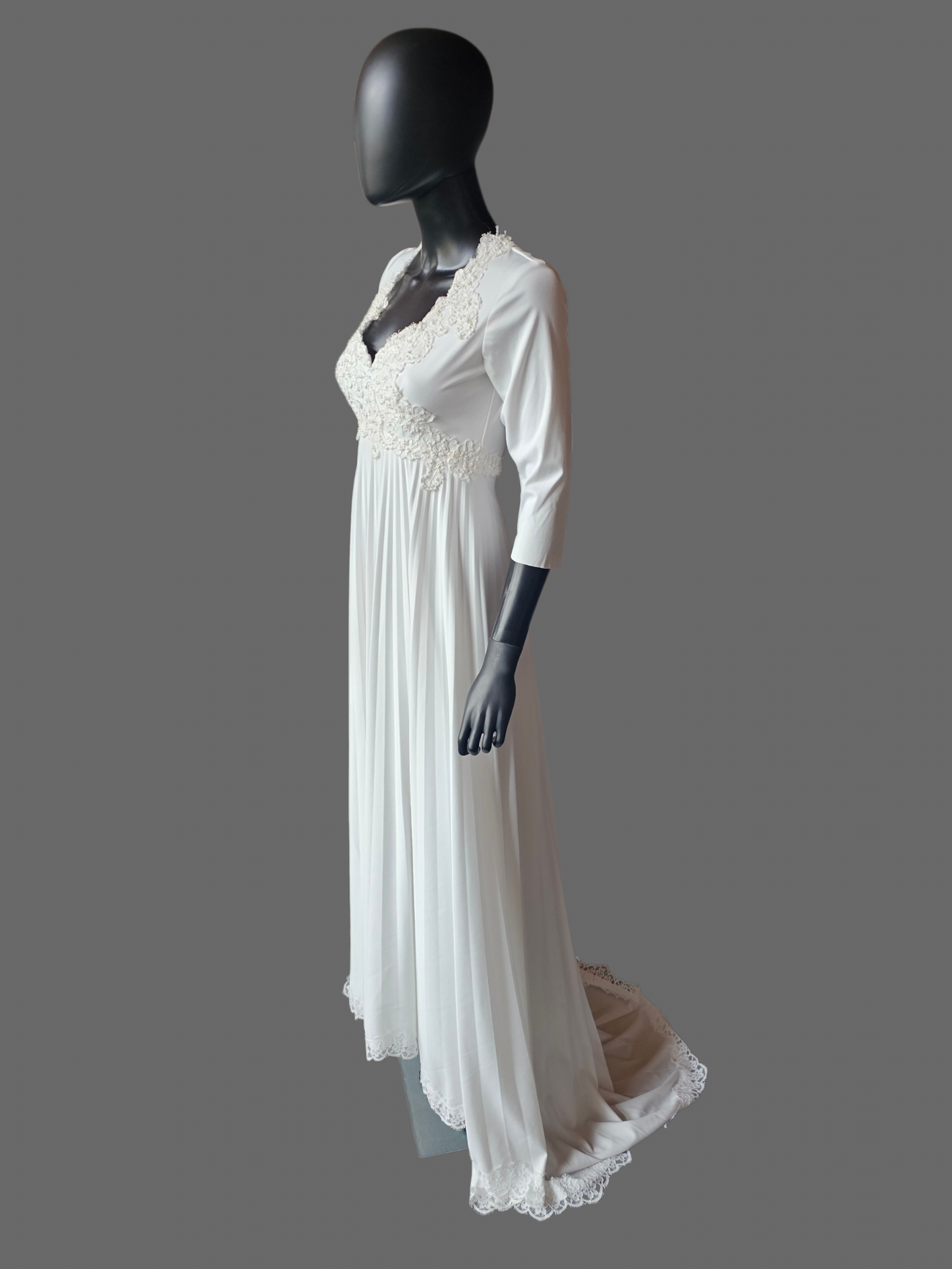 Vintage White 3/4 Sleeve Jersey Lace Detail V-Neck Wedding Gown - Renewal