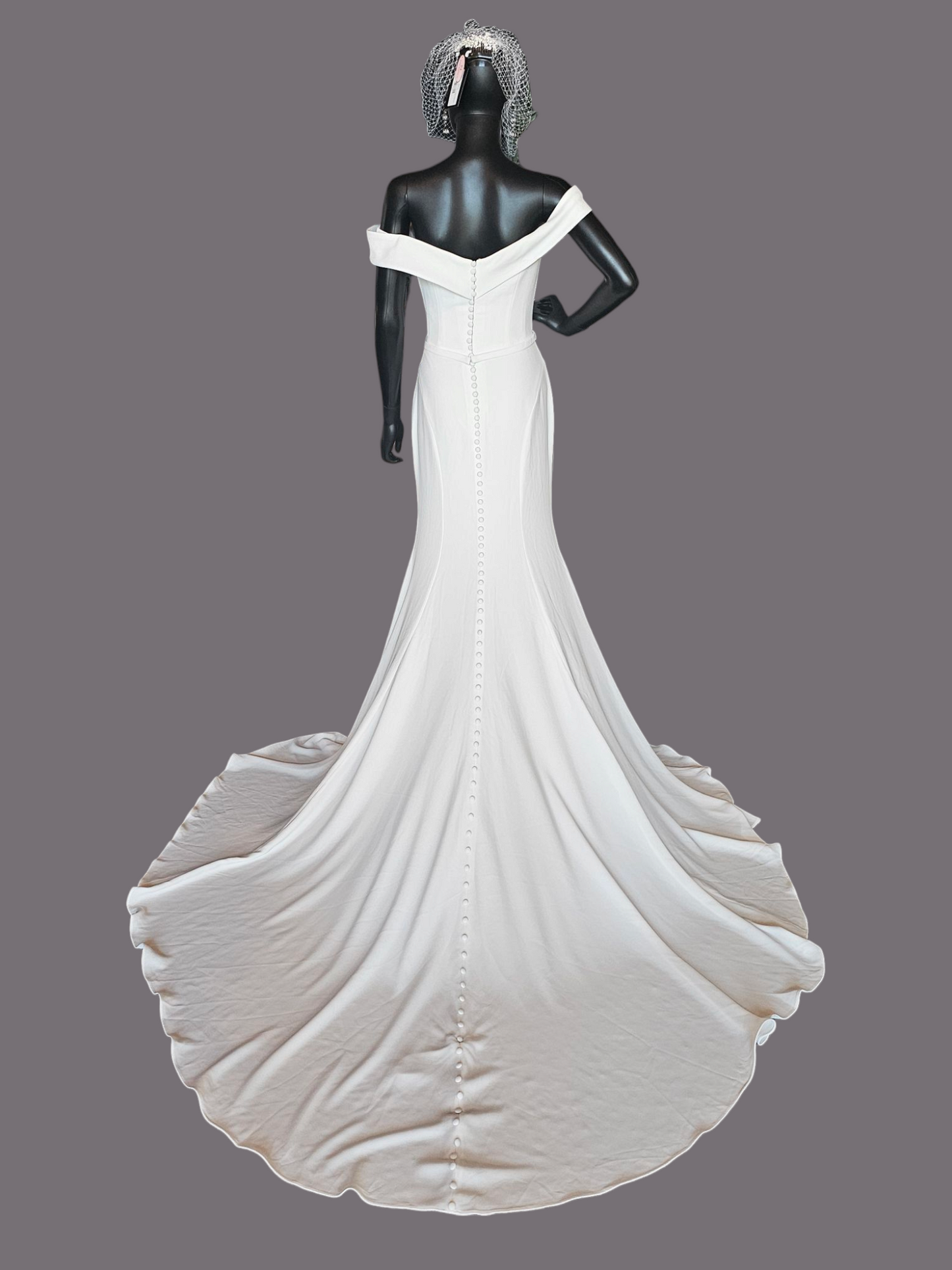 Ivory Off Shoulder Fitted Crepe Wedding Gown
