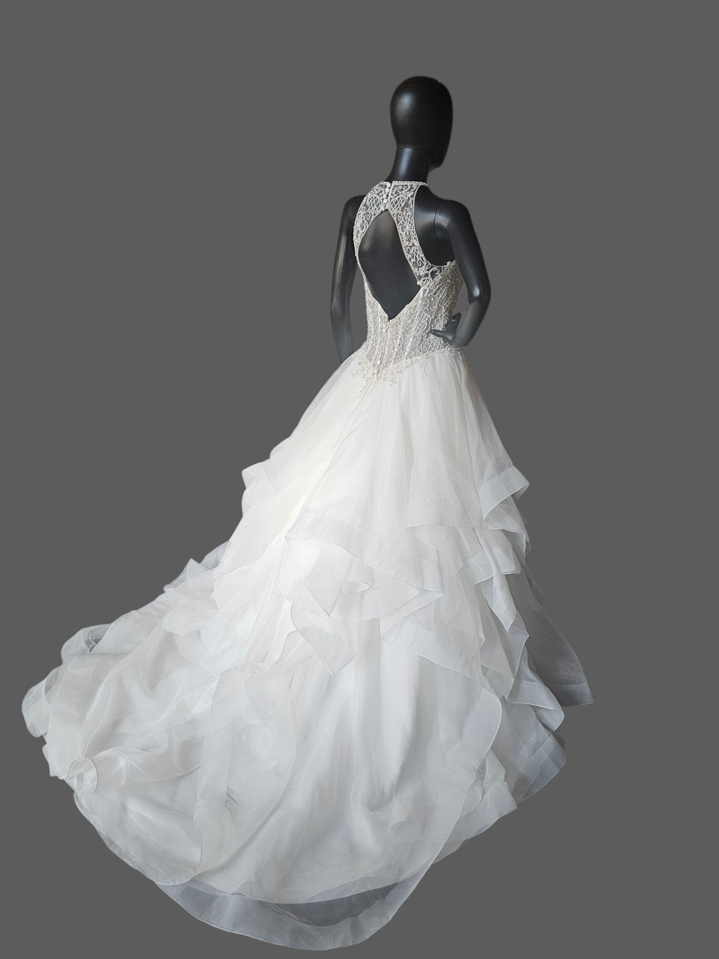 Ivory Horsehair Tiered Illusion Halter A-line NWOT Wedding Gown - Mori Lee