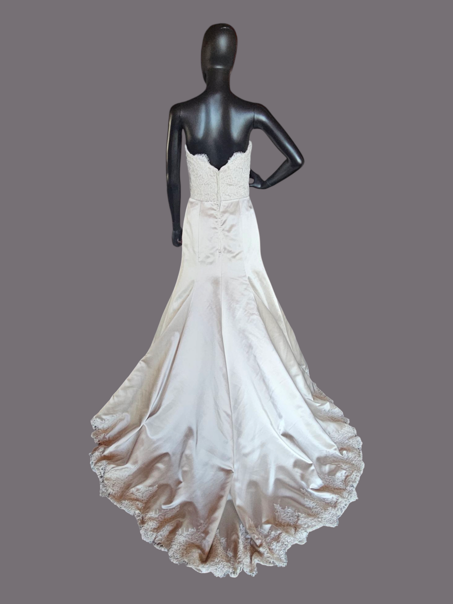 Oyster Satin/Lace Bodice Fit and Flare Wedding Gown