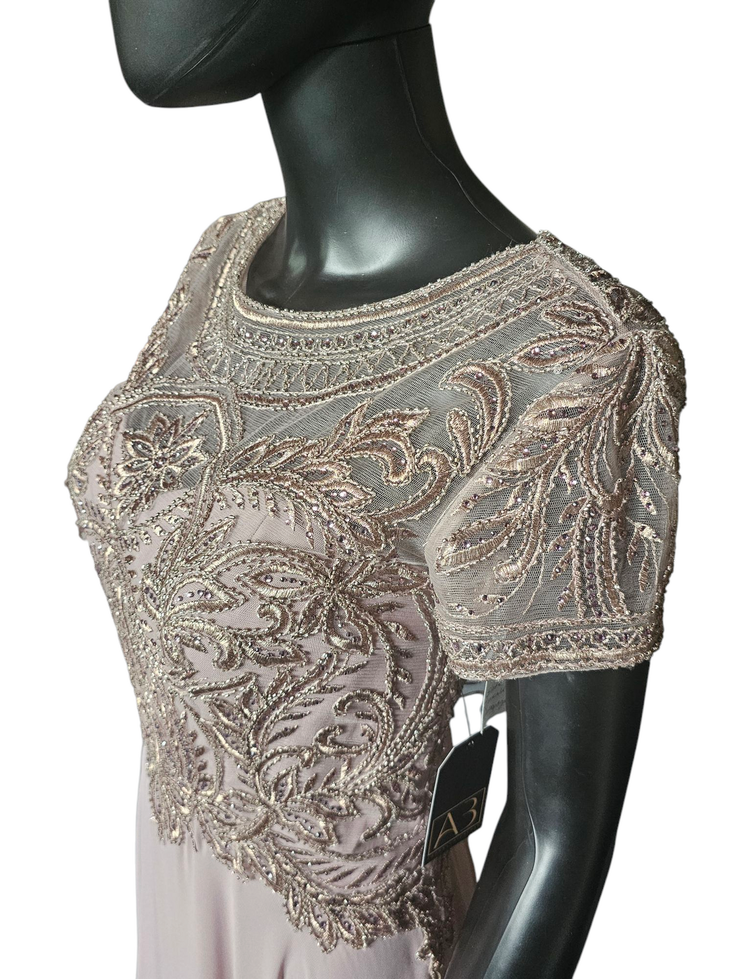 Lilac Chiffon Cap Sleeve Embroidered Formal Gown - MGNY