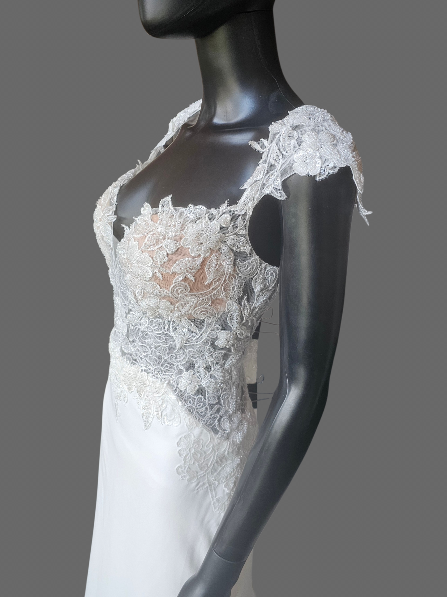 Ivory Crepe Illusion Bodice Cap Sleeve Fit/Flare Wedding Gown - Rebecca Ingram