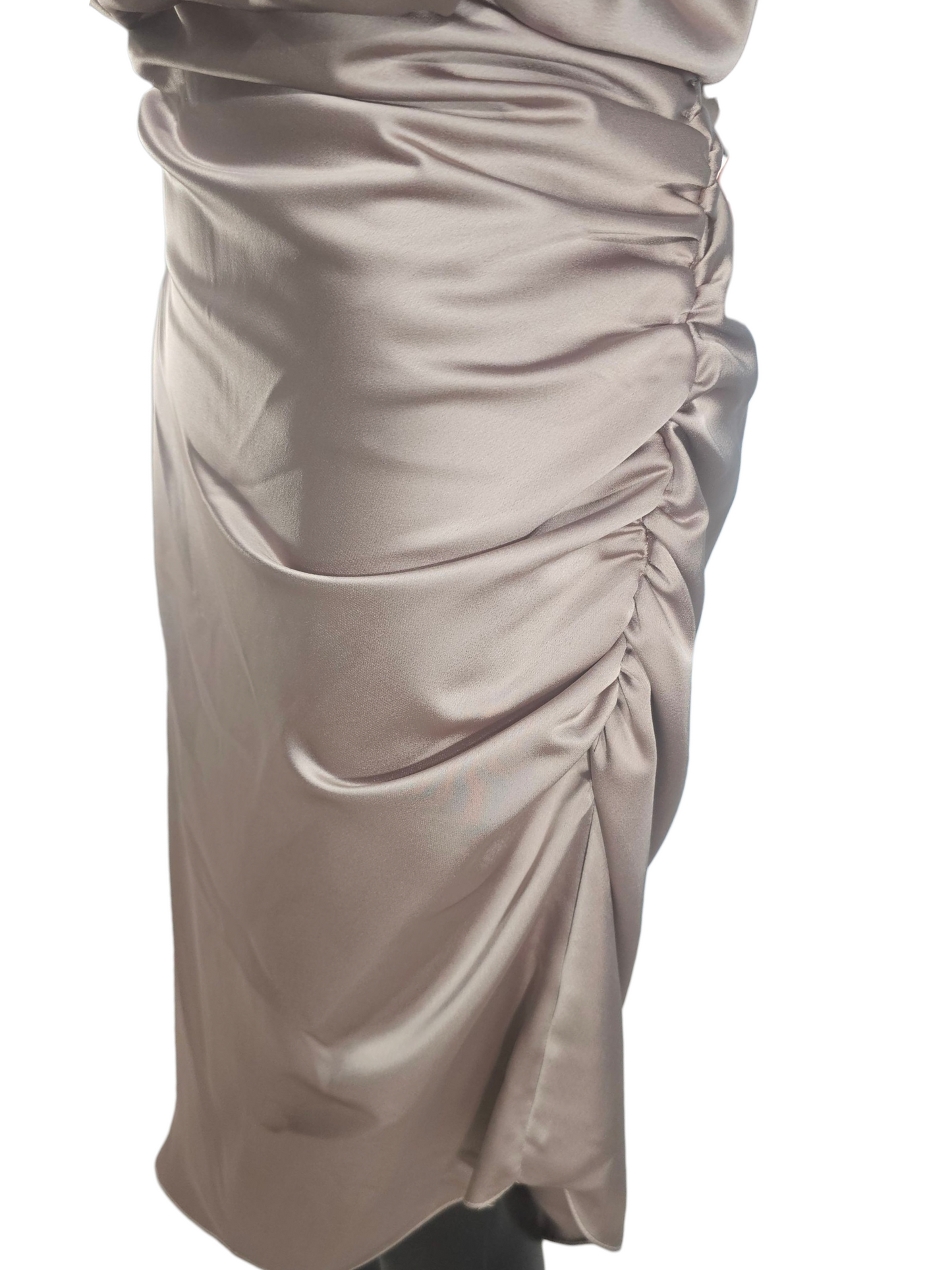 Latte Charmeuse Mock Neck Asymmetrical Cocktail Dress - Mori Lee