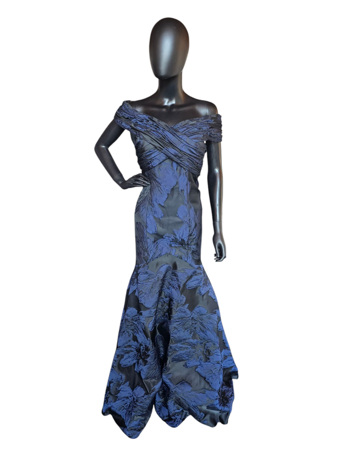 Black/Navy Jacquard Off Shoulder Fit/Flare Formal Gown - Madeline Gardner