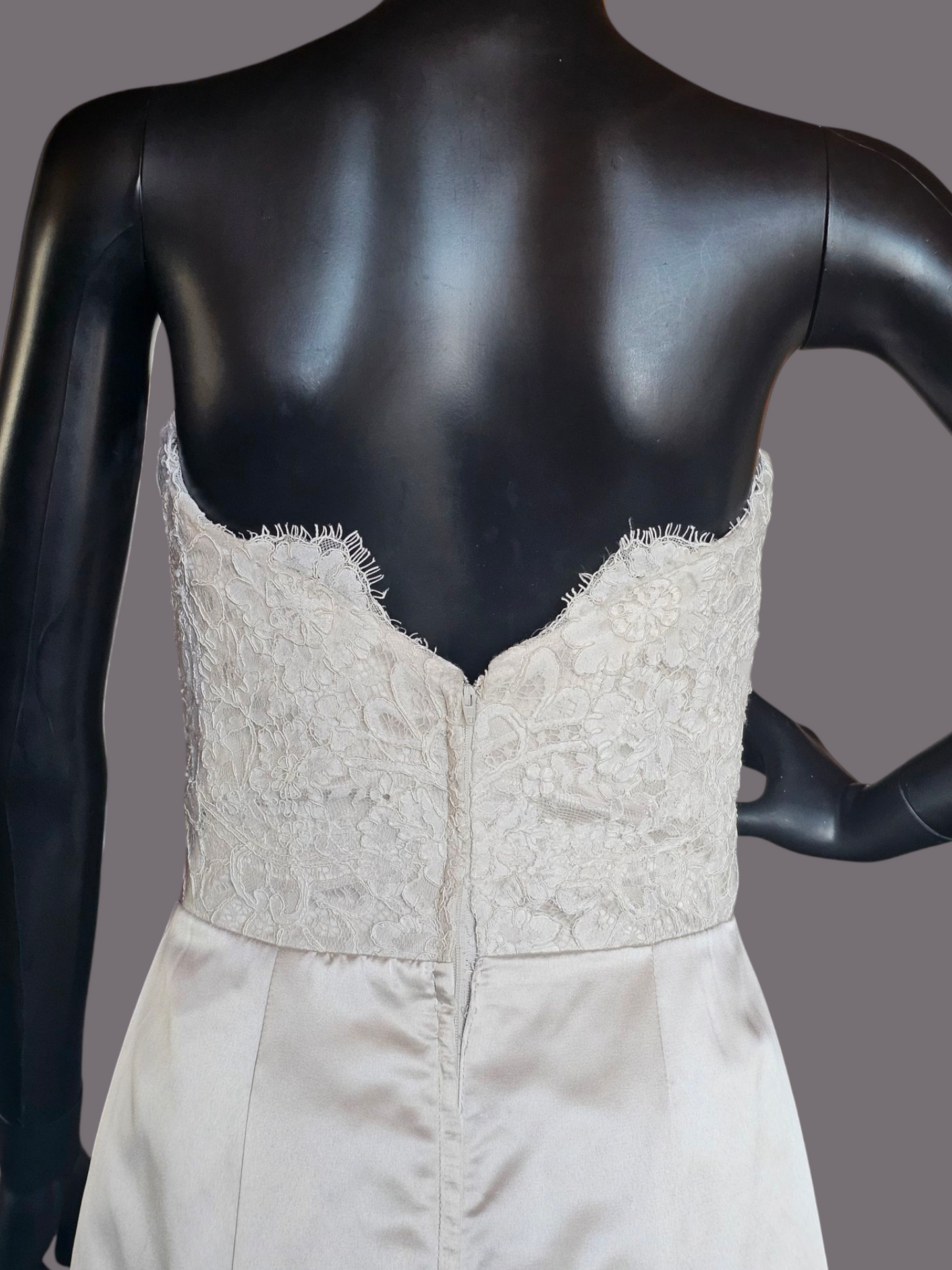 Oyster Satin/Lace Bodice Fit and Flare Wedding Gown