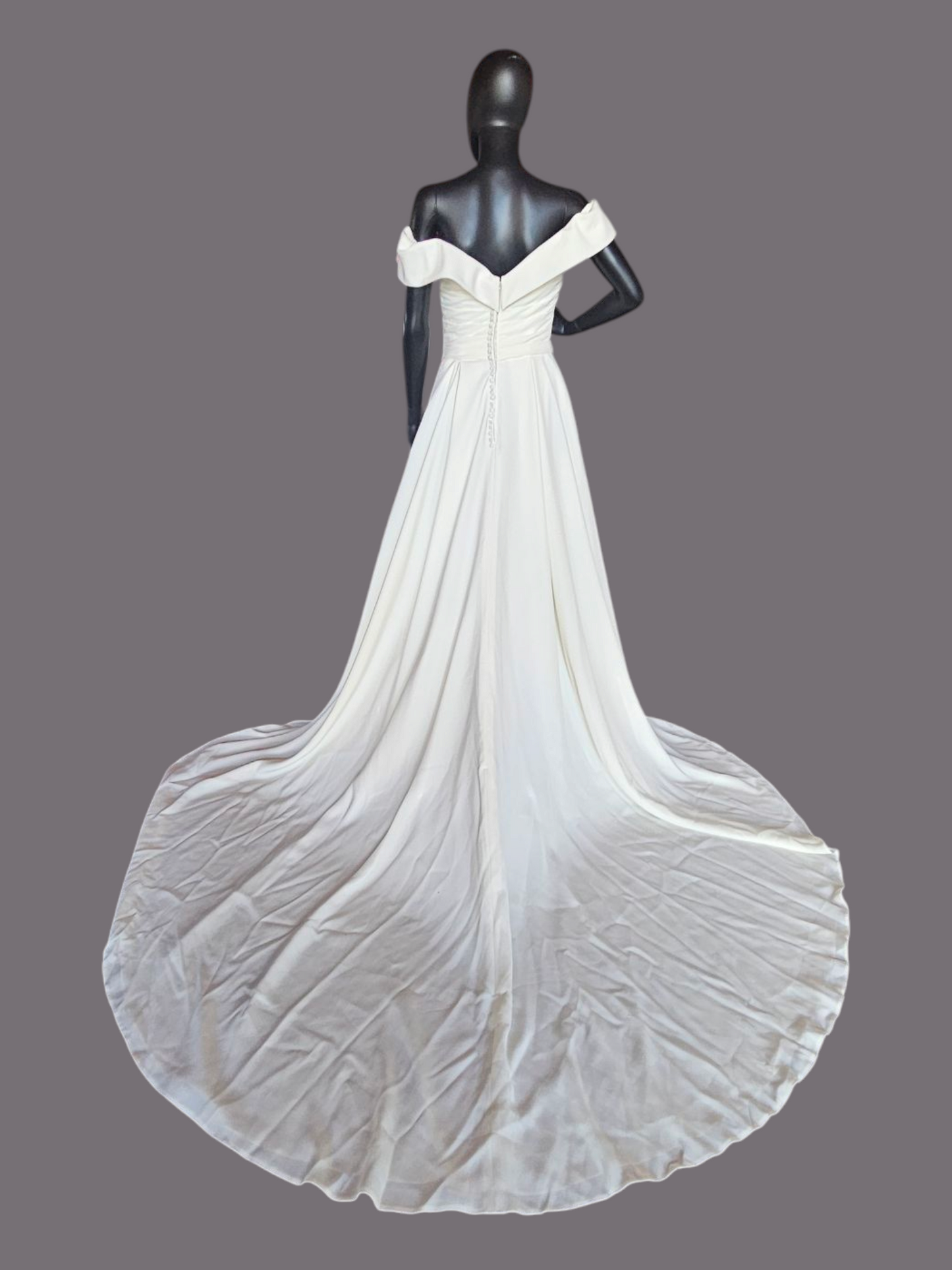 Off Shoulder/Portrait Collar Simple Ivory Crepe Wedding Gown - Mori Lee