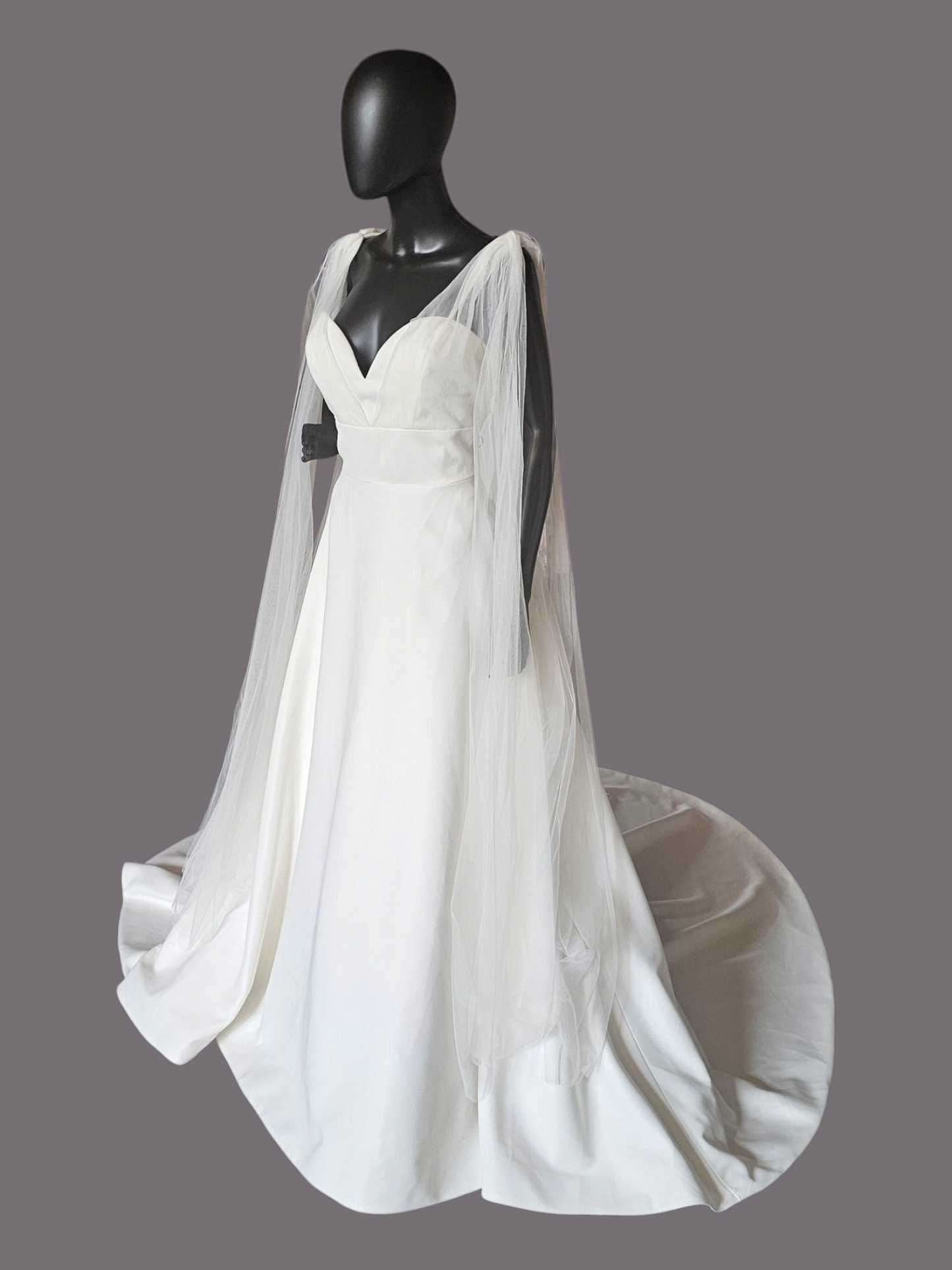 Plunge V-Neck Tulle Arm Detail Wedding Gown - Amy & Eve