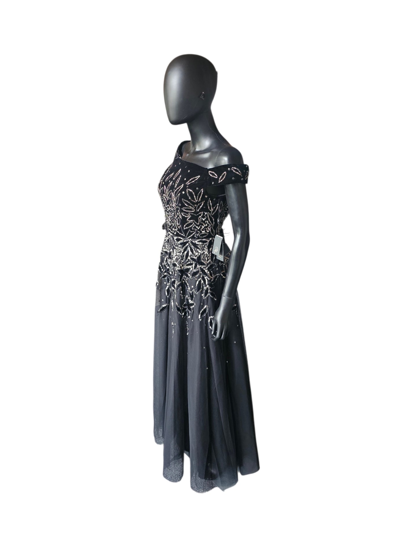 Black Velvet Off Shoulder Leaf Patter Sequin Fit/Flare Full Length Formal Gown - Adrianna Papell