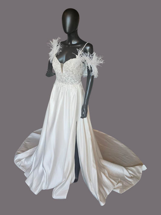 Ivory Satin Plunge Illusion Bodice Removable Feather Straps Wedding Gown - Amy & Eve