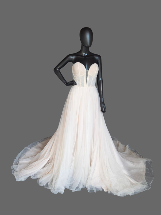 Blush Plunge Corset Top Sweetheart Minimalist Tulle A-Line Wedding Gown - Eddy K