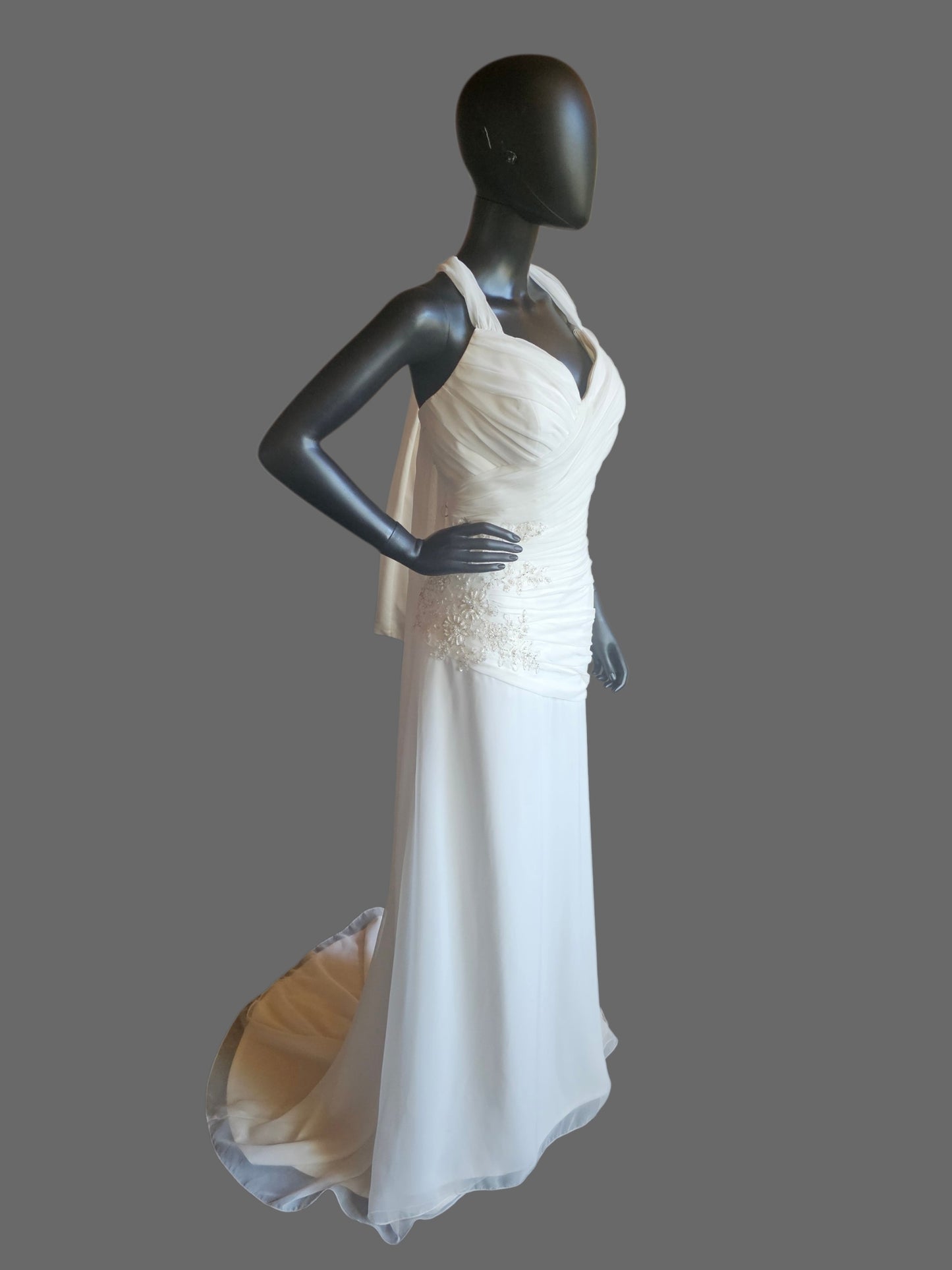 Chiffon Halter Asymmetrical Fit/Flare Beaded Applique - Private Label