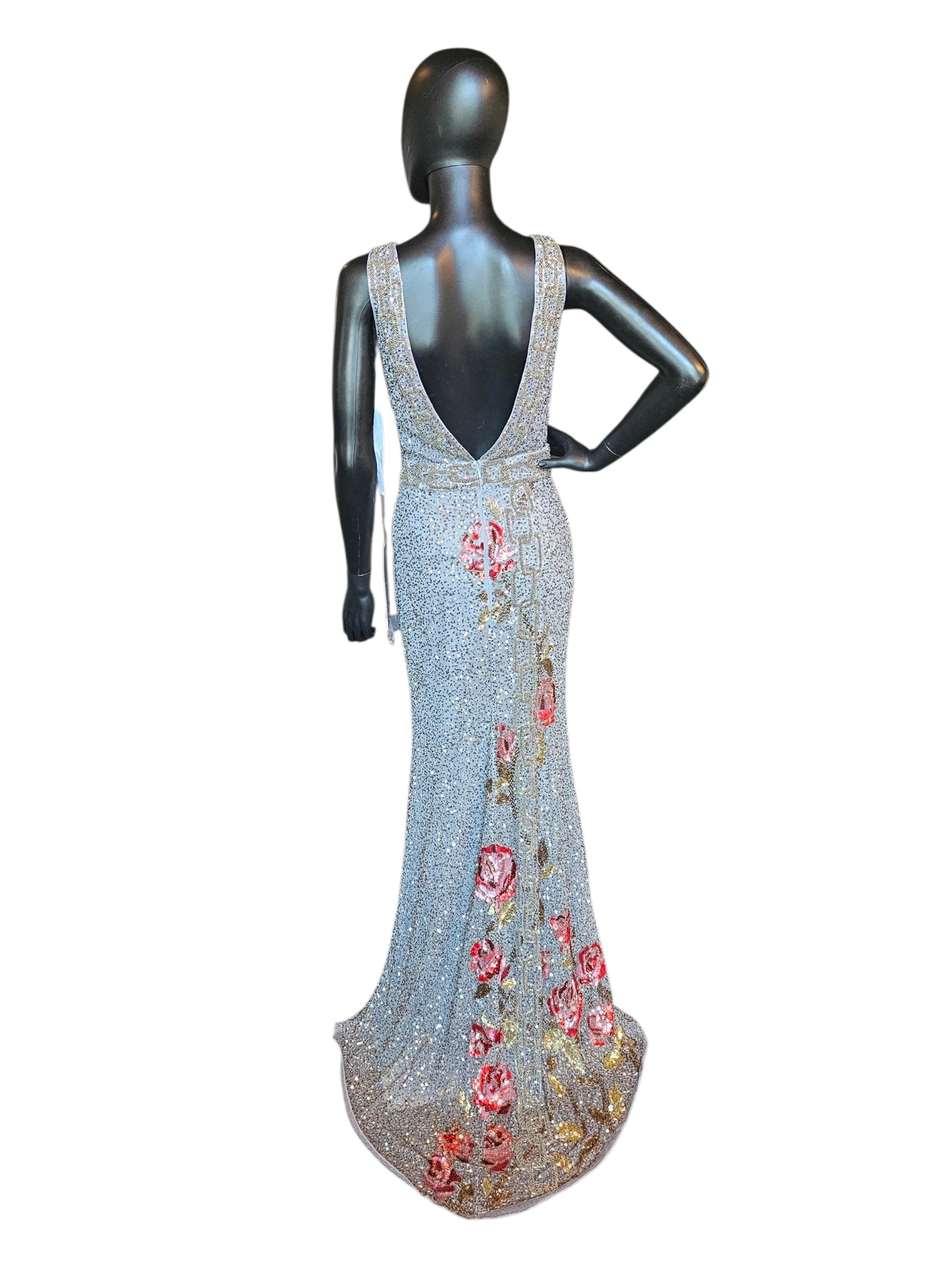 Pewter/Gold/Rose Fully Beaded V-Neck Fitted Maxi Formal/Gala/Prom Dress - Primavera