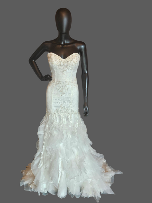 Ivory Lace Strapless Sweetheart Fit/Flare Verticle Ruffle Wedding Gown - Casablanca