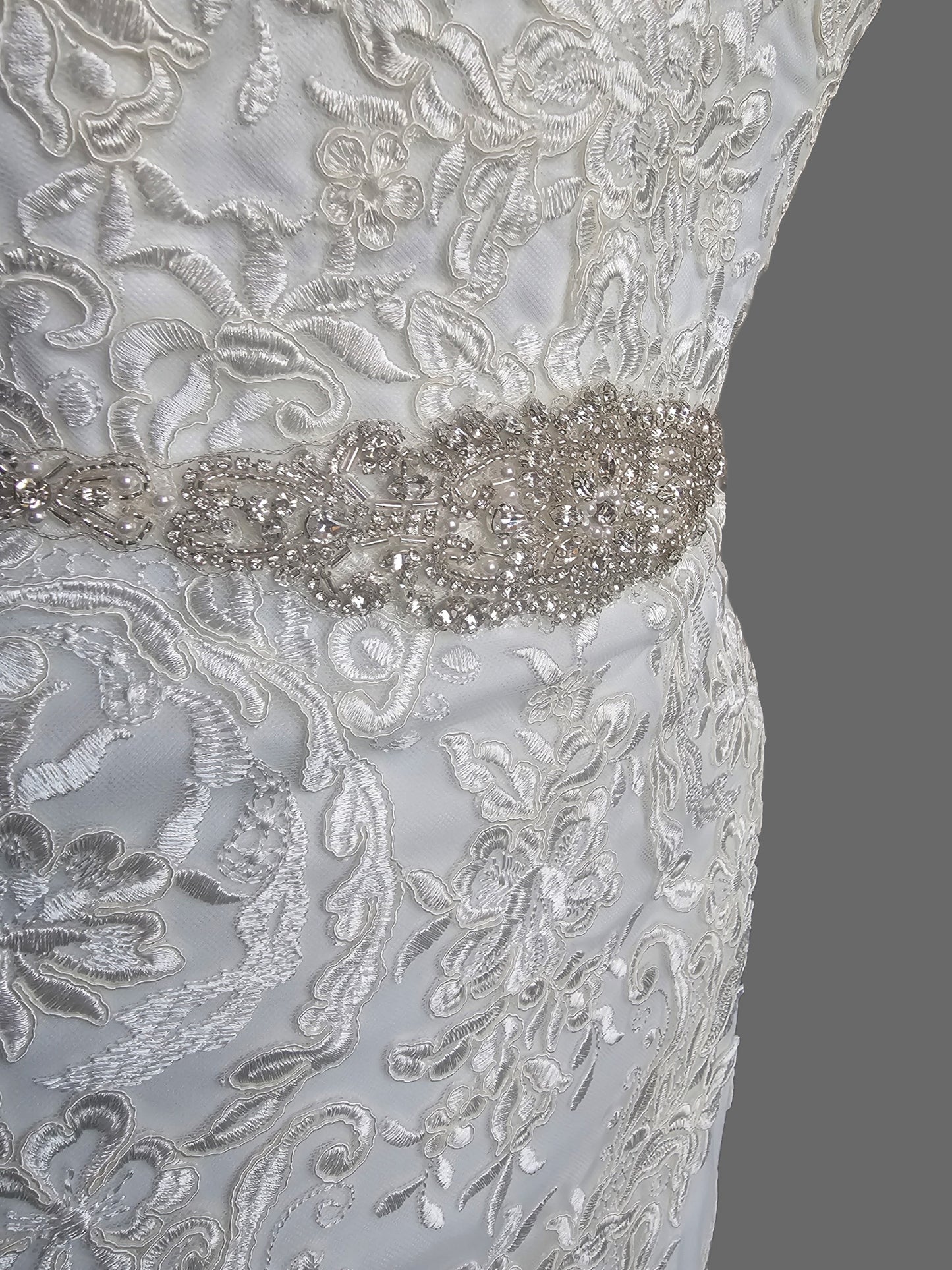 Lace V-Neck Belted Fit/Flare Wedding Gown - DaVinci