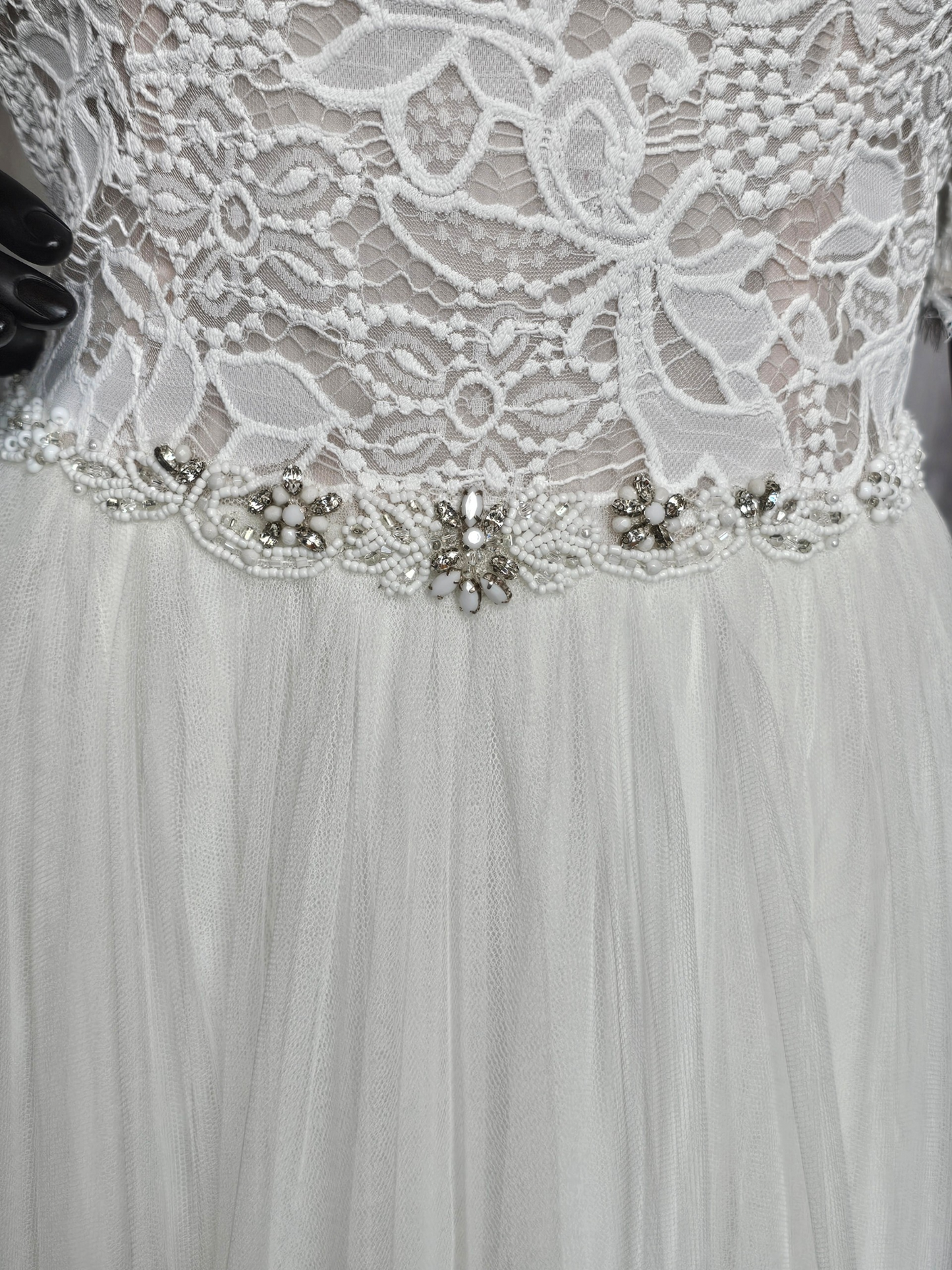 Ivory Lace Bodice V-Neck 3/4 Sleeve Wedding Gown - Rebecca Ingram