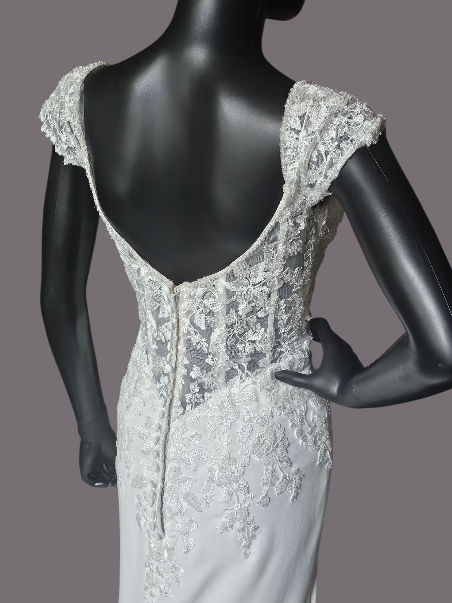 Ivory Crepe Fitted Cap Sleeve Wedding Gown - Mori Lee