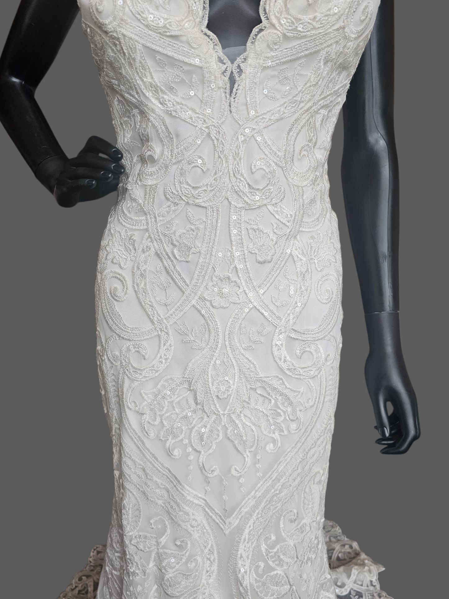 White Plunge V-Neck Lace Fit/Flare Wedding Gown - Hadley Bloom