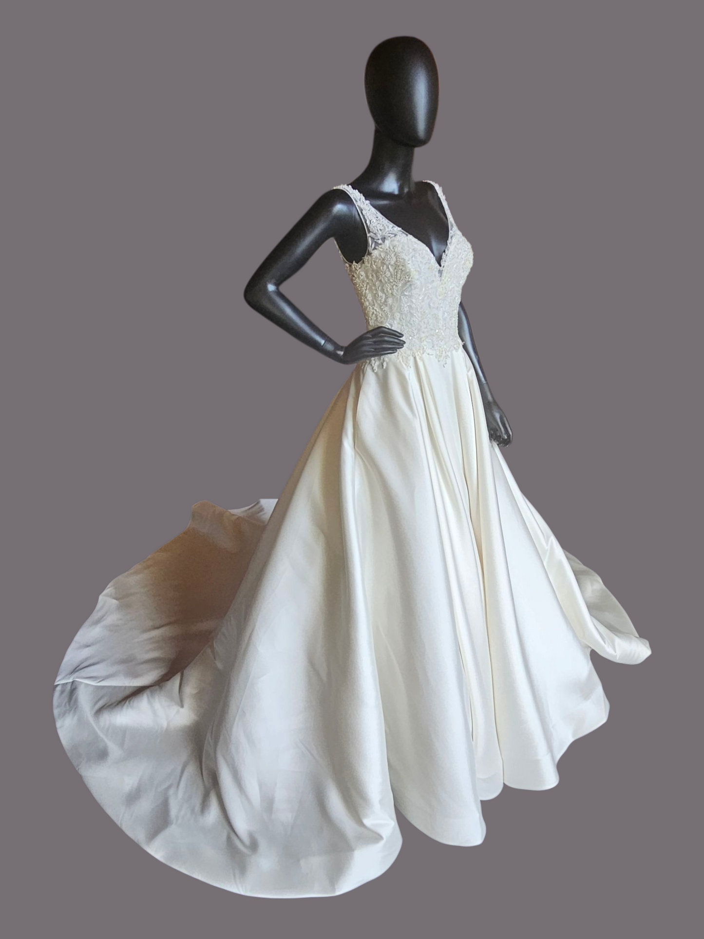 Ivory Ballgown Satin V-Neck Illusion Wedding Gown  - Da Vinci