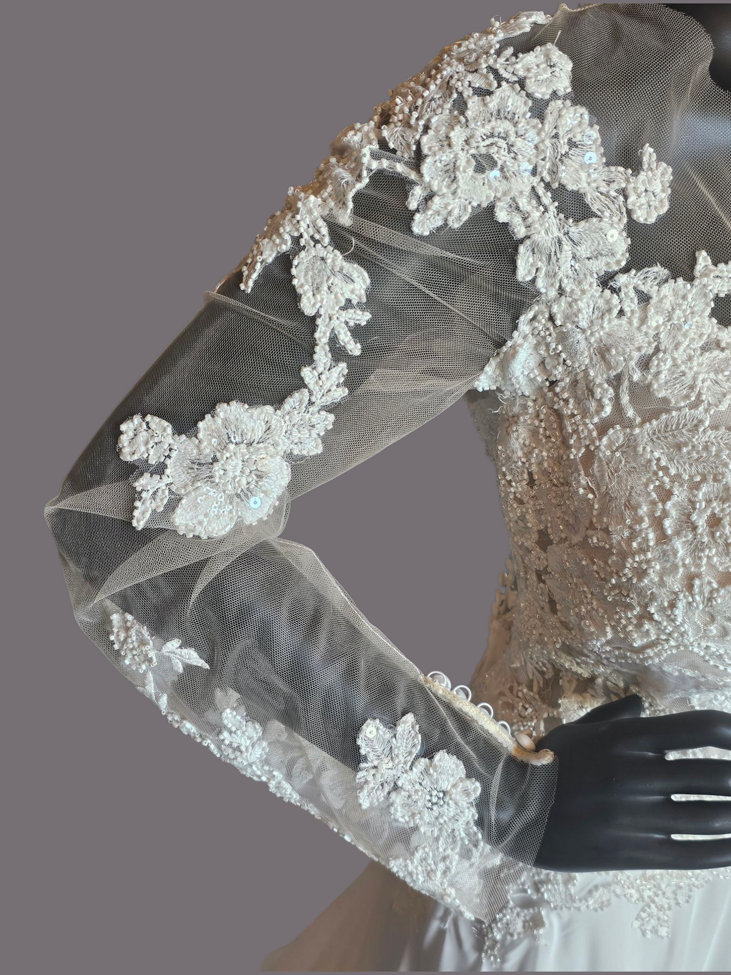 Ivory/Nude Deep Plunge Long Sleeve Chiffon Wedding Gown - Allure Romance