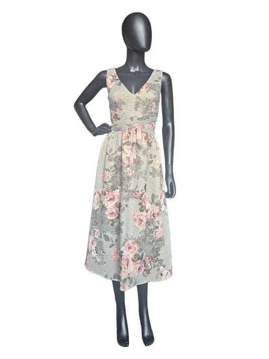 Sage Green Floral Matelasse V-Neck Party Knee Length Gold Accents Cross Belt Design- Adrianna Papell