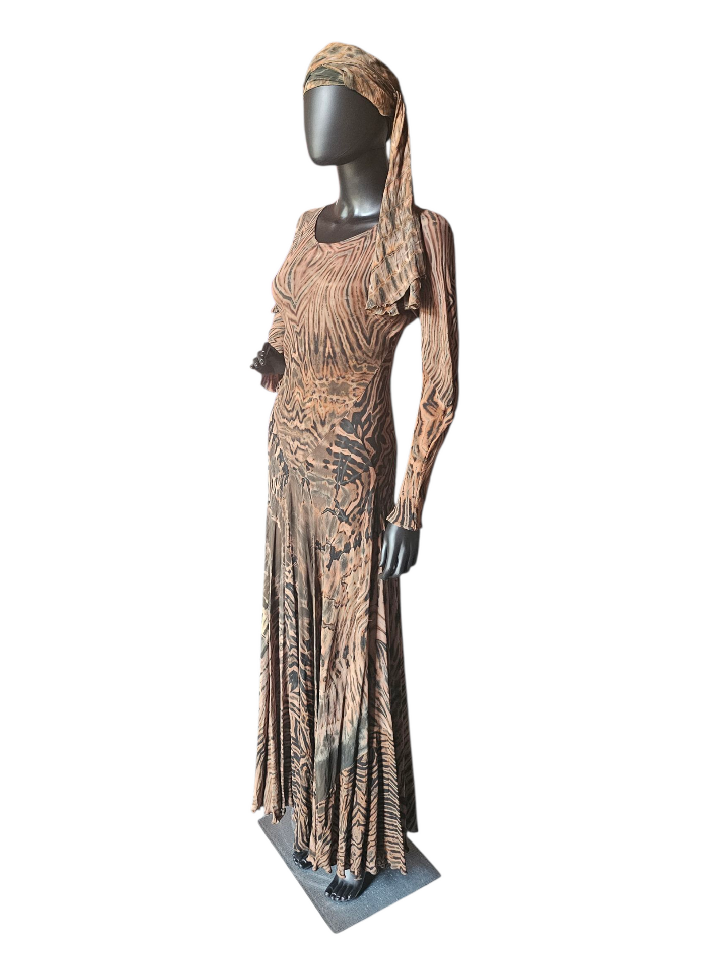 Brown/Black Shibori Silk Hand Dyed Bias Cut Maxi Swing Dress - Carter + Teri