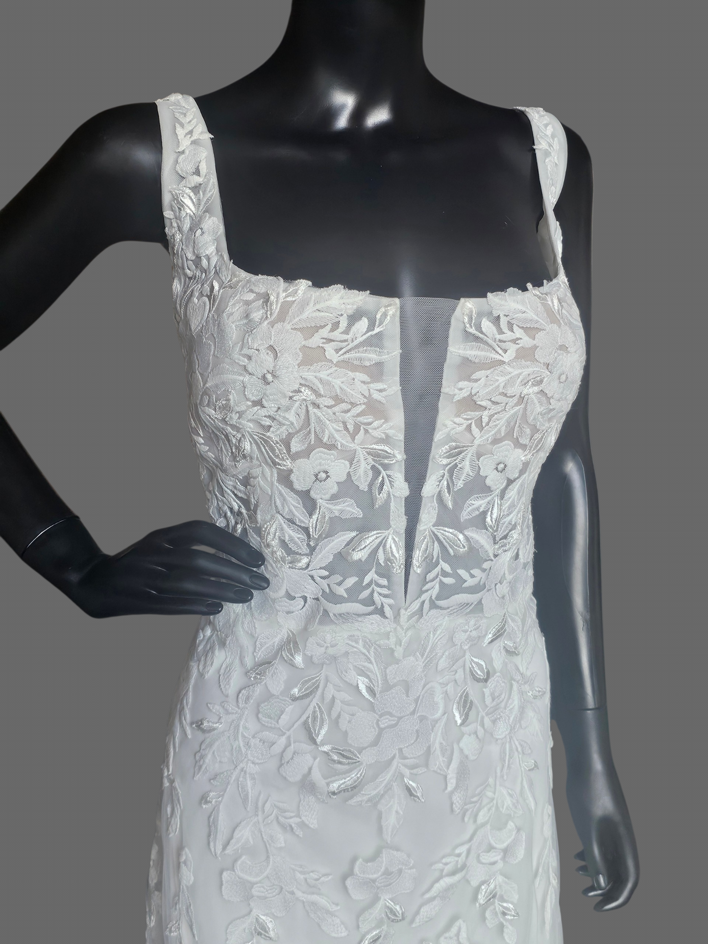 White Floral Lace Fit/Flare Corset Scoop Neck Plunge Detailed Train Wedding Gown - Rebecca Ingram