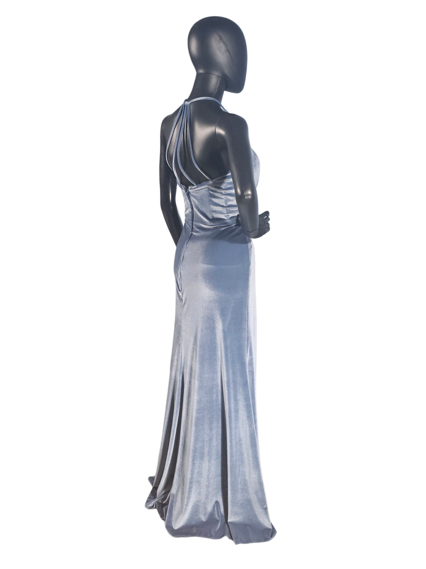 Slate Stretch Velvet Multi-Strap Maxi Formal Dress - Mori Lee