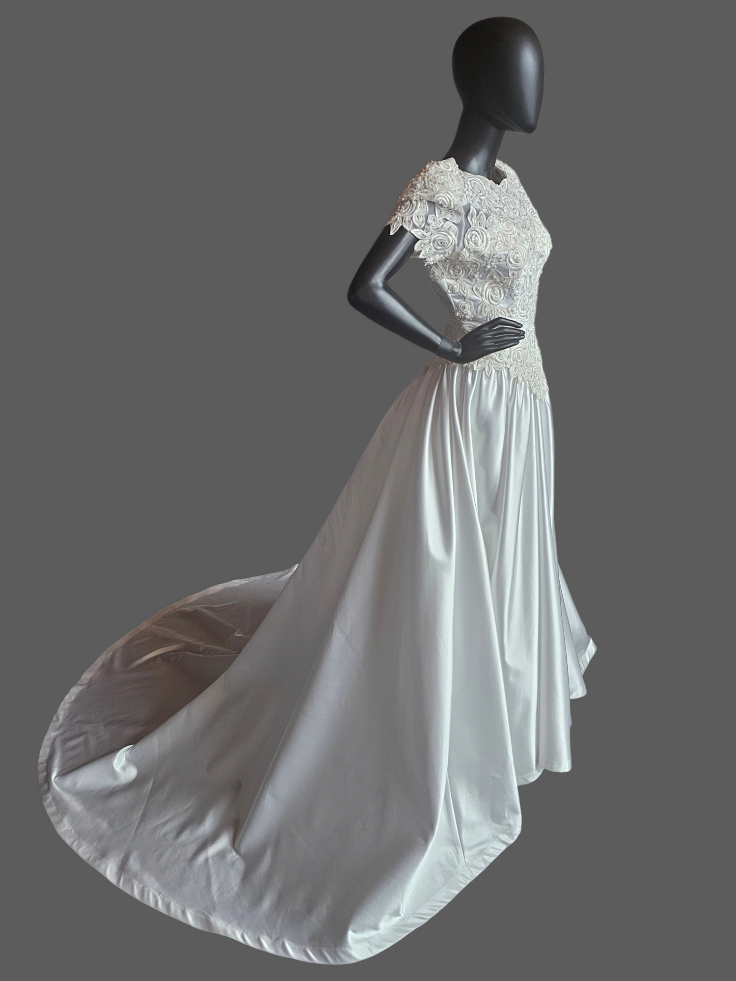 Vintage White Satin Embroidered Cap Sleeve Wedding Gown - Modest