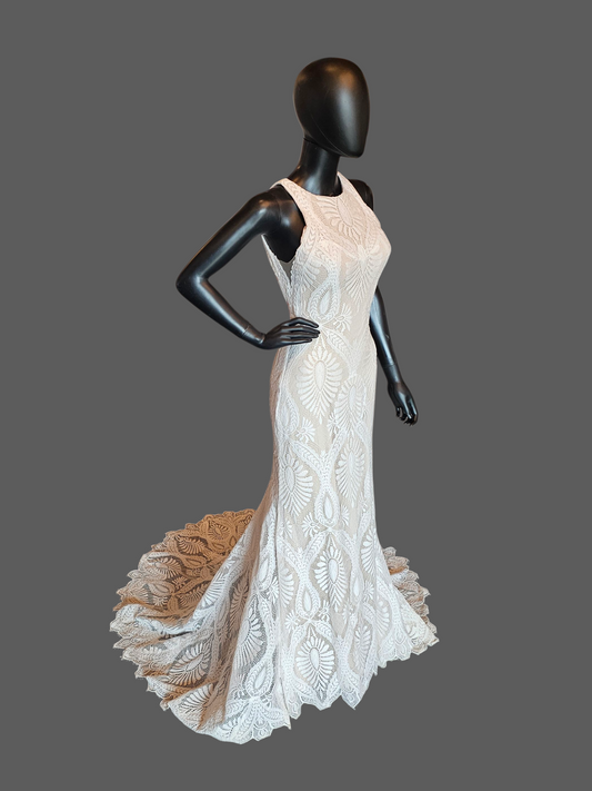 Boho Open Weave Lace Racer Halter Open Back Fitted Wedding Gown  - Wilderly Bride