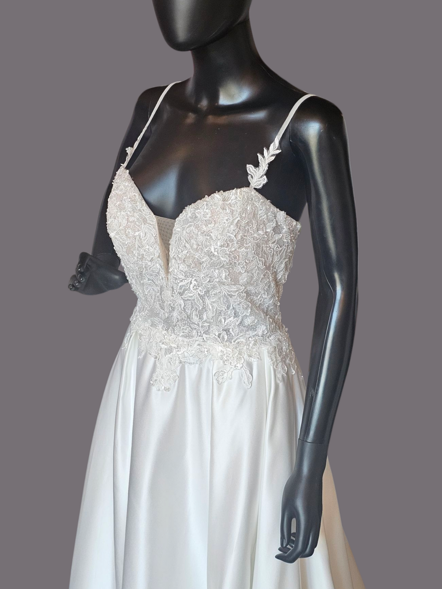 Ivory Satin Plunge Illusion Bodice Removable Feather Straps Wedding Gown - Amy & Eve