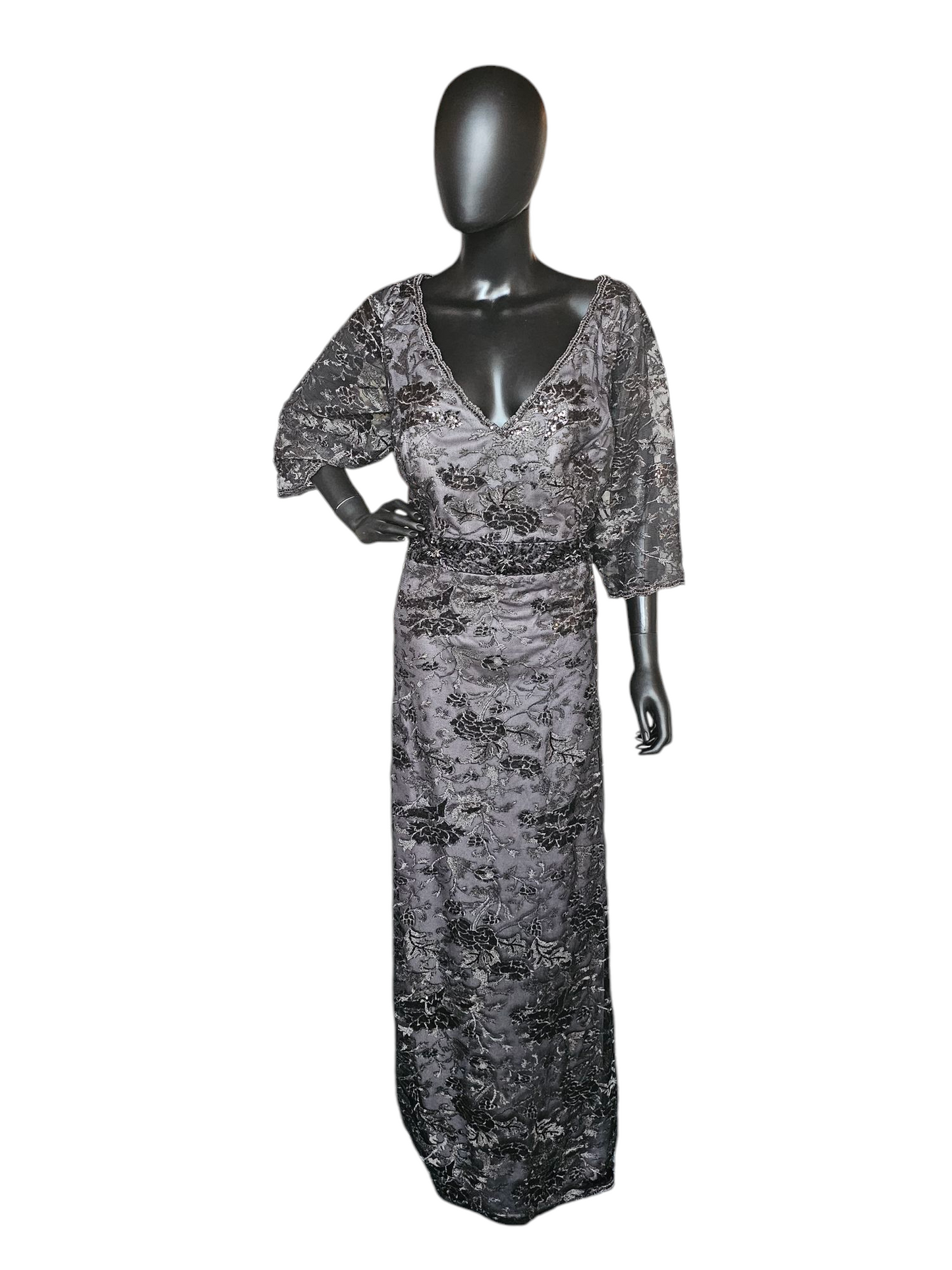 Black Floral Overlay Wide Sleeve Formal Dress - Montage