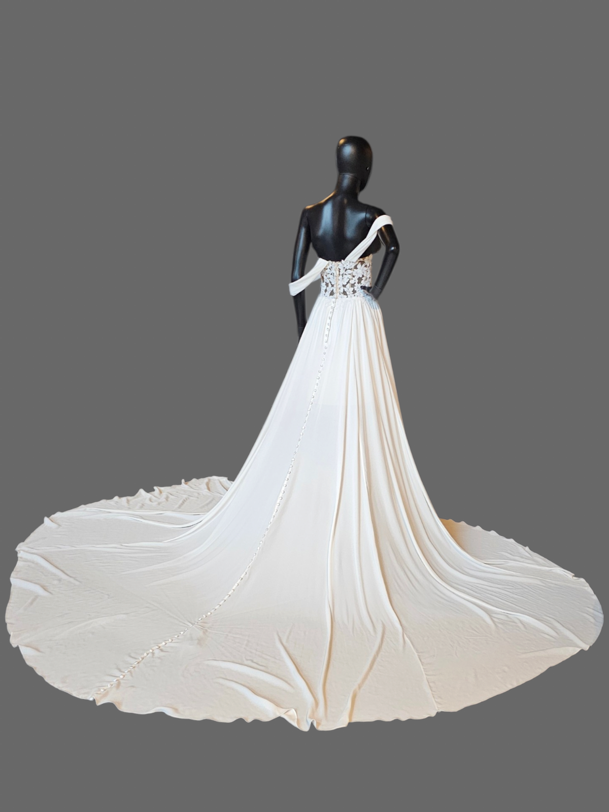 White Lace Drape Shoulder Butter Chiffon Wedding Gown - Dreams