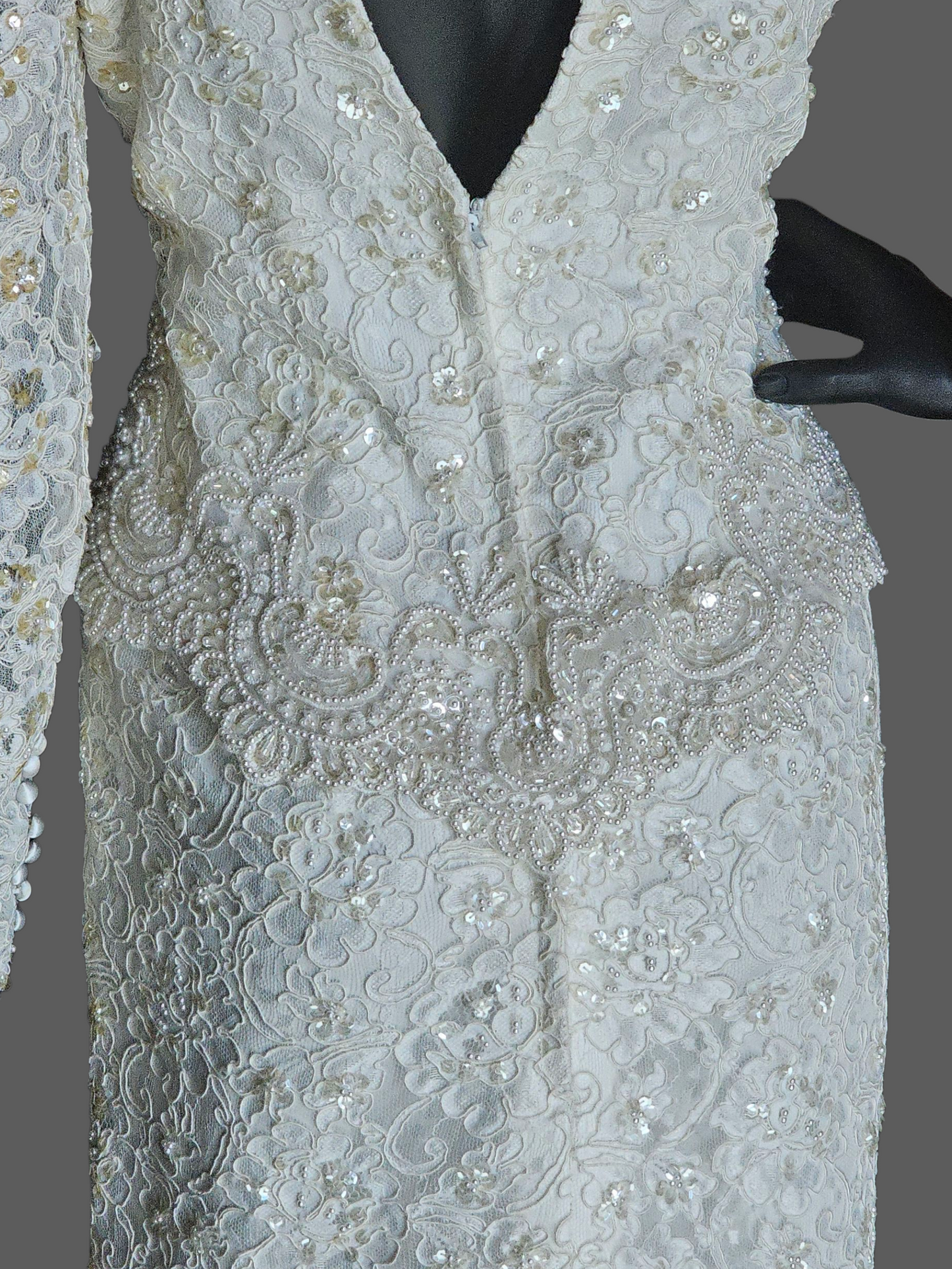 Vintage Ivory Beaded Lace Long Sleeve Fitted Sheath Wedding Gown