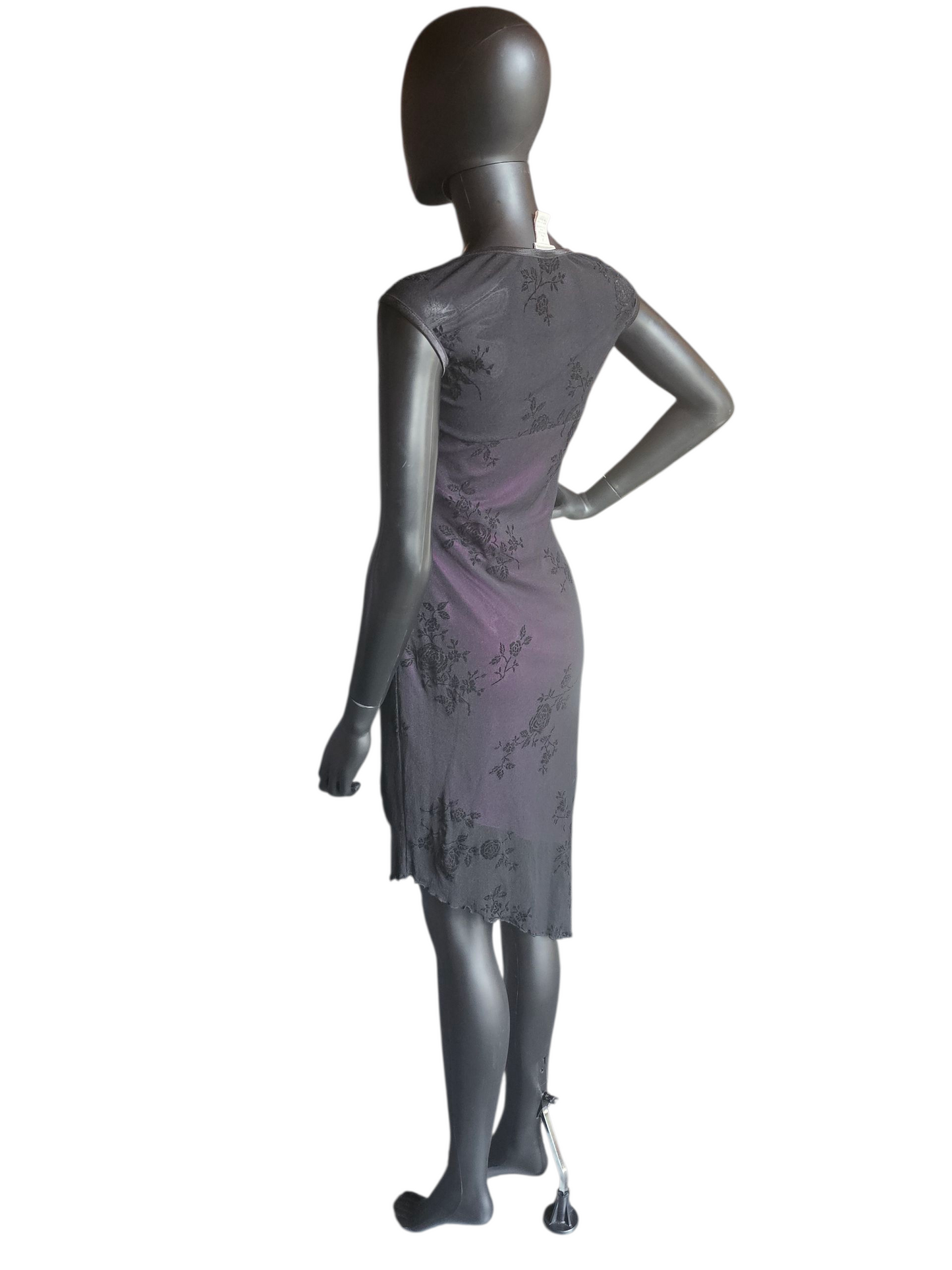 Mid Length Dress Asymetrical Black Overlay W/Purple Rose Burnout NWT - Moda