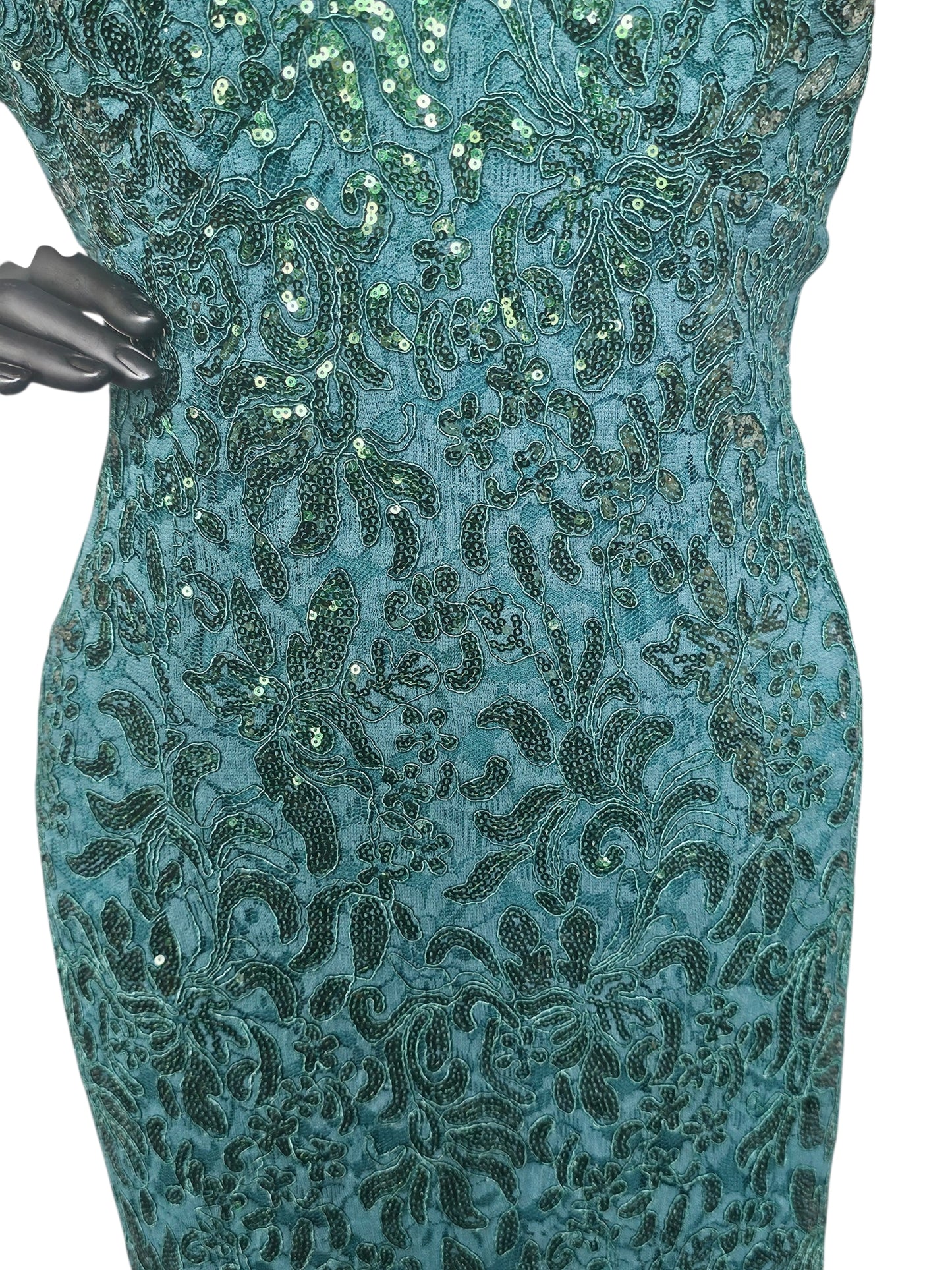 Hunter Green Floral Sequin Detail Cap Sleeve Full Length Formal Dress - R & M Richards