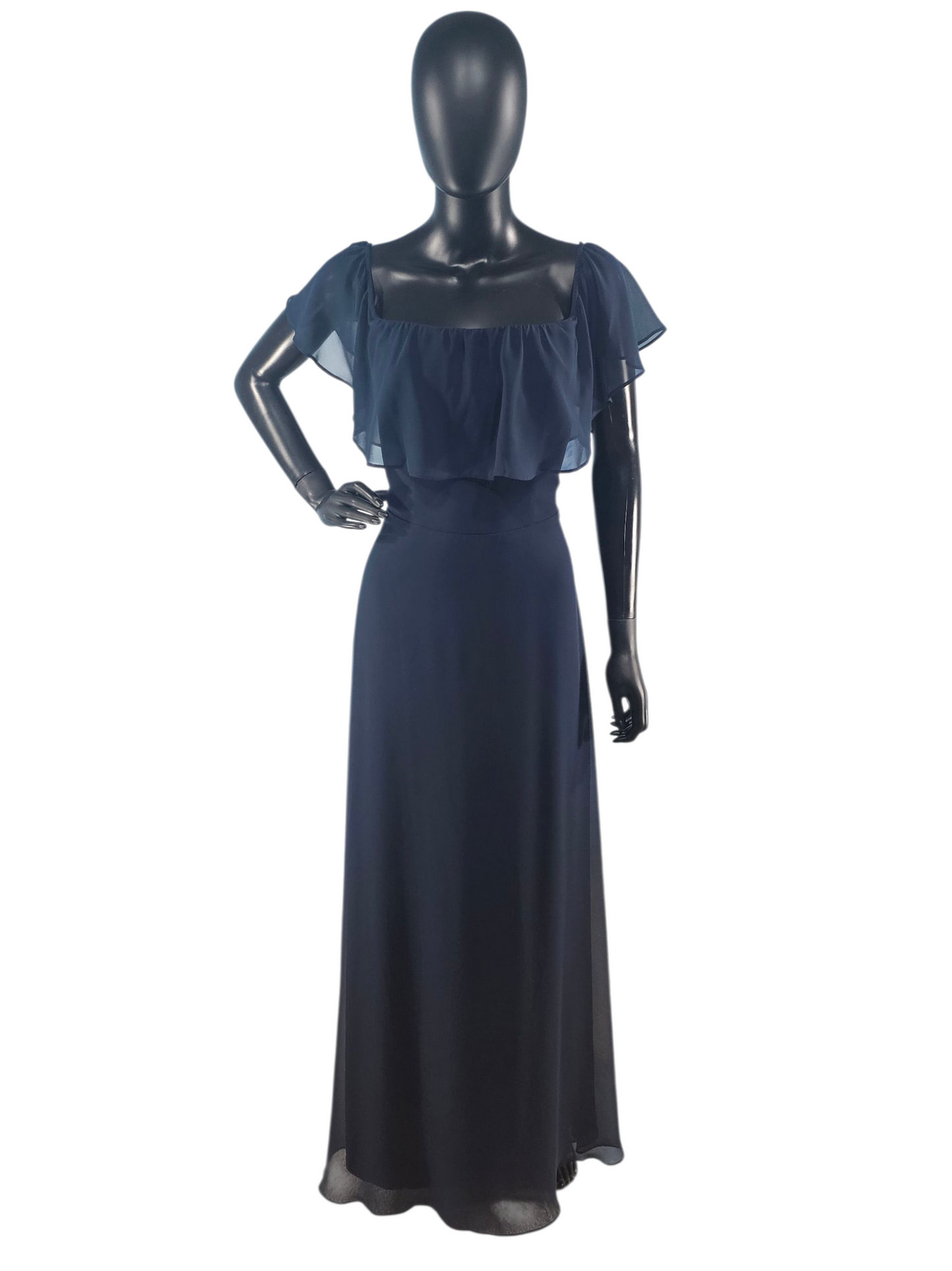 Navy Chiffon Flutter Sleeve Formal Dress - Bill Levkoff
