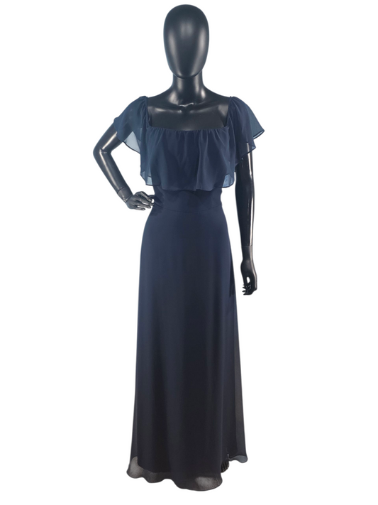 Navy Chiffon Flutter Sleeve Formal Dress - Bill Levkoff
