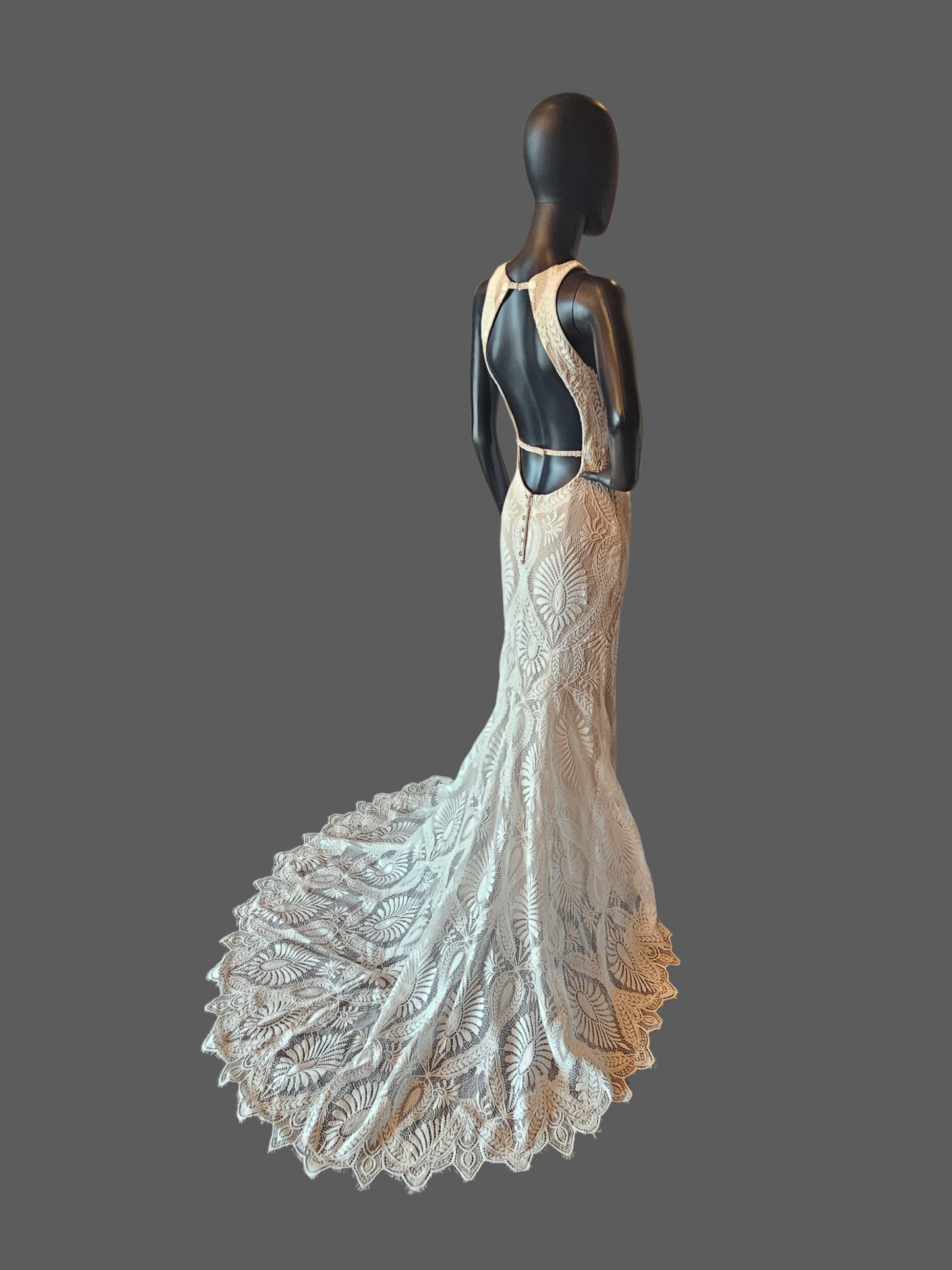 Boho Open Weave Lace Racer Halter Open Back Fitted Wedding Gown  - Wilderly Bride