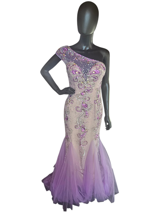 Purple/Lavender Beaded FIt/Flare One Shoulder Formal/Prom Dress