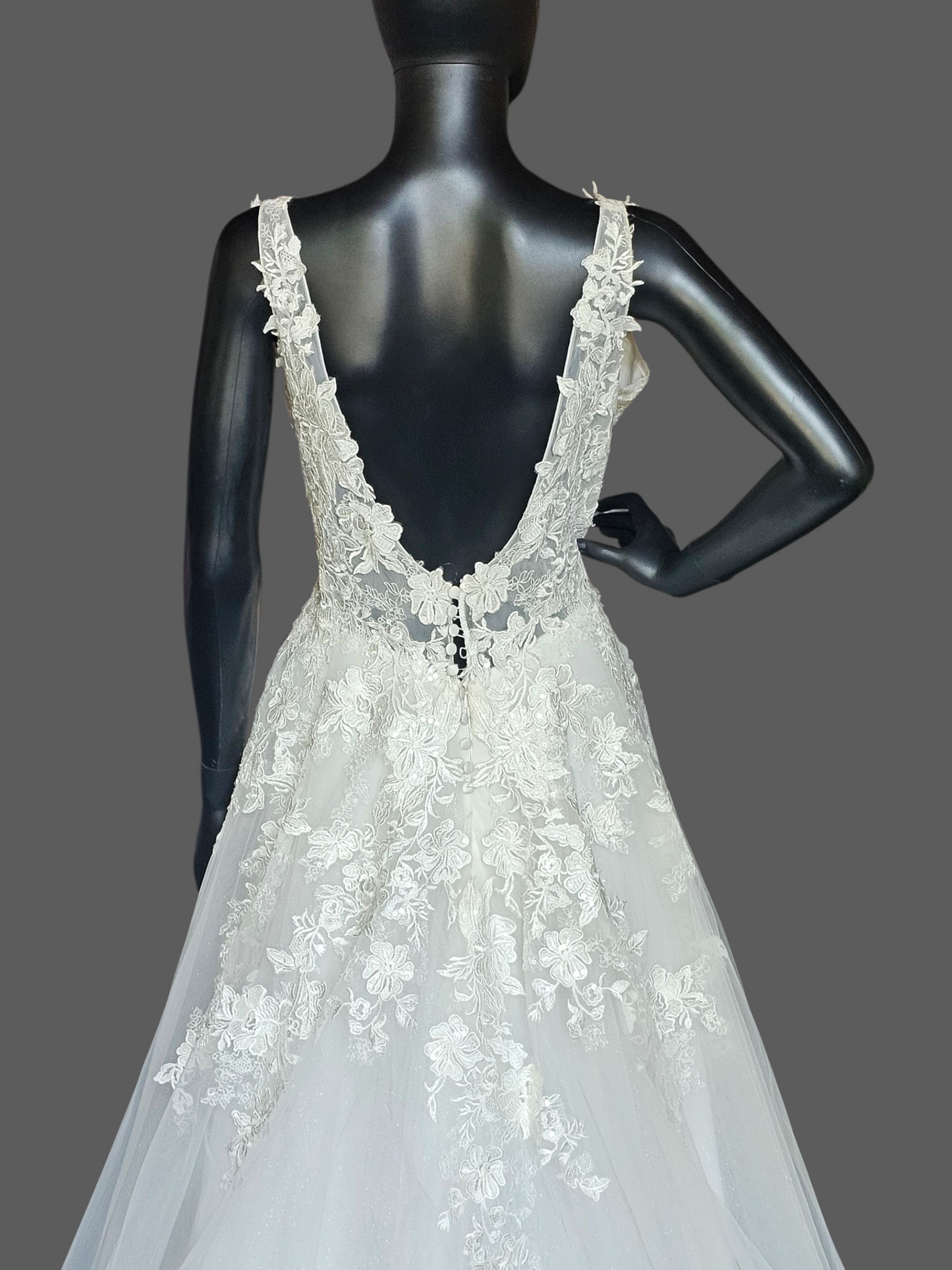 V-Neck Lace Applique Illusion Bodice A Line Wedding Gown - Petite