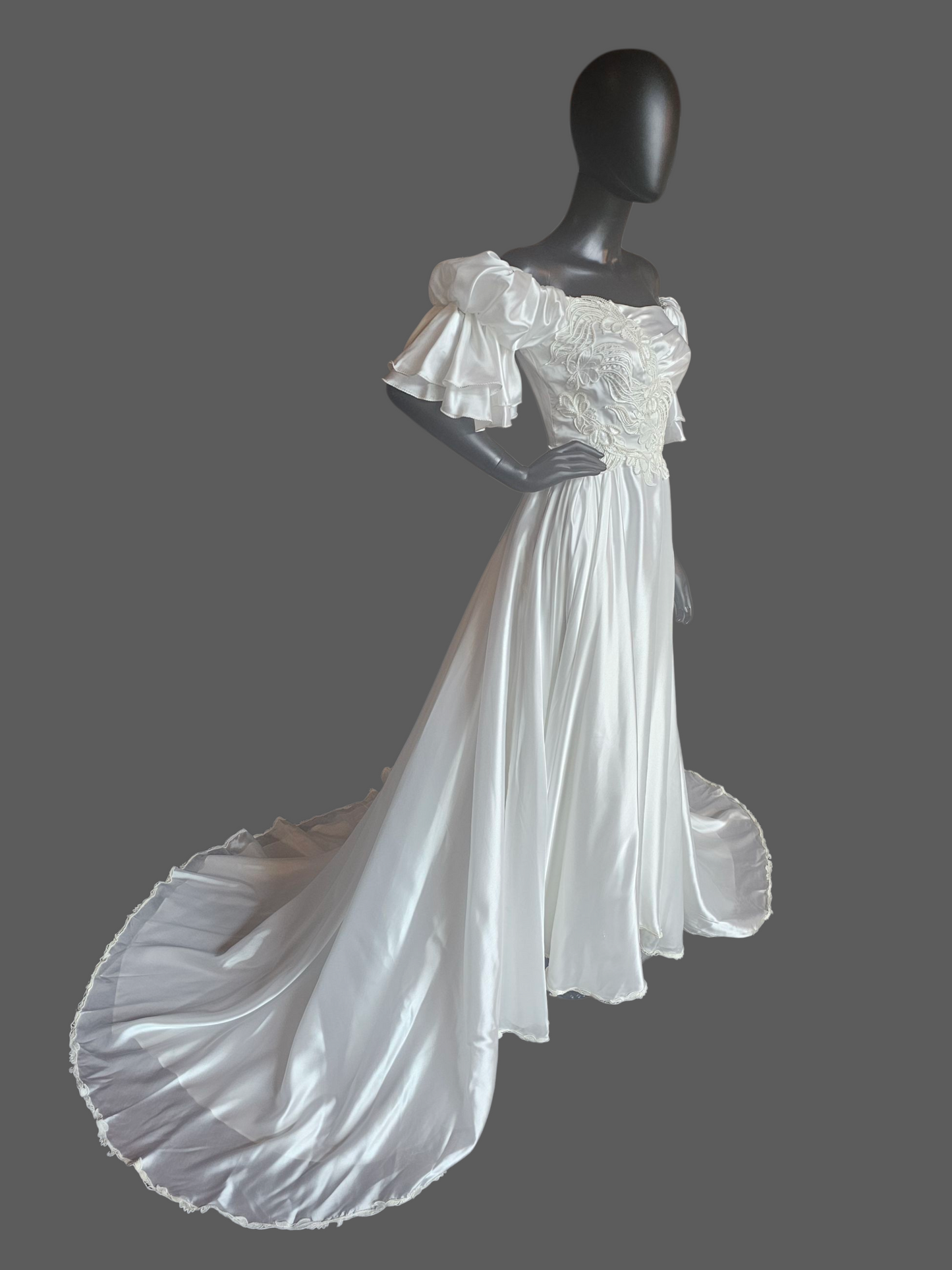 Vintage White Charmeuse Off Shoulder Wedding Gown