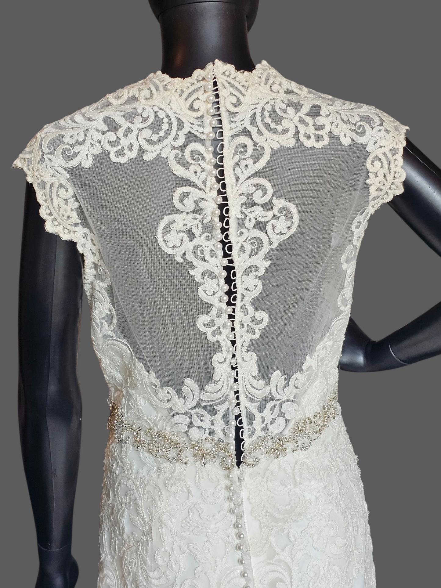 Ivory Lace Queen Anne Cap Sleeve Fit/Flare Wedding Gown - Mori Lee