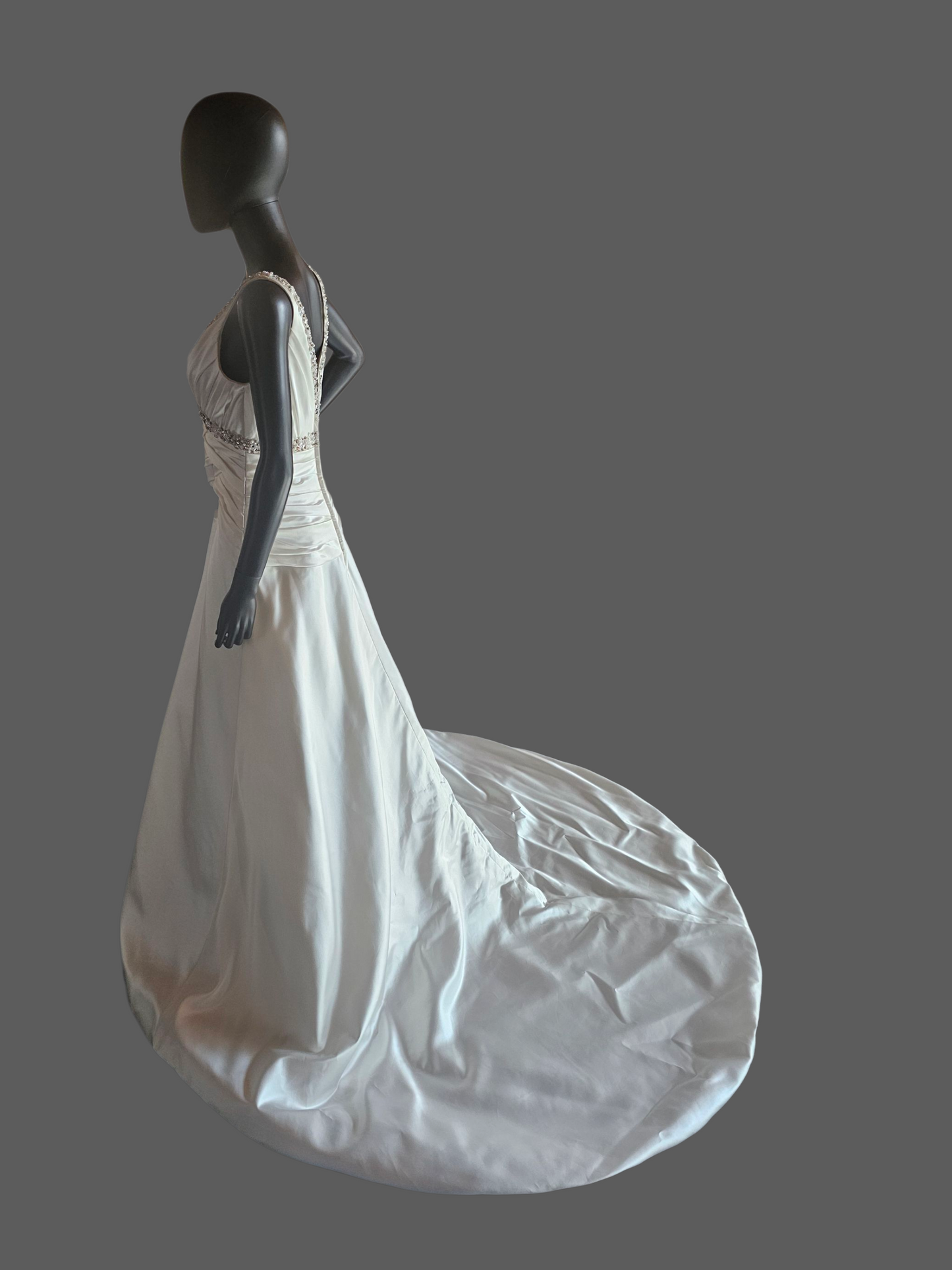 Ivory Satin V-Neck Jewel Detail A-Line Wedding Gown - Mori Lee