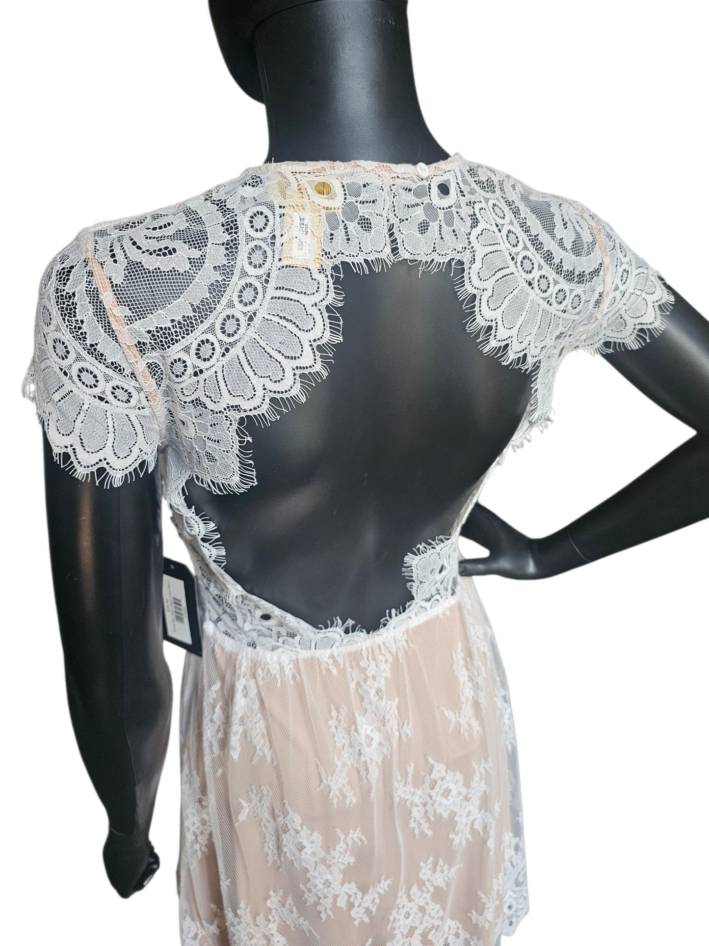 White/Tan Open Back Lace Short Party Dress